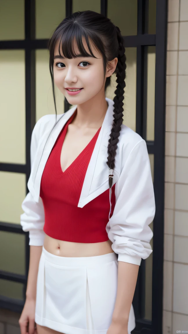 (the abdomen is visible to the viewer), 14years japanese girl、cute smile at the viewer, (arms at sides:1.2), standing straight, Short-cut hairstyles 、、summer School Building、Skinny Legs、Extraordinary beauty、Cute face、The best smile、Cute smile、frontage、slender、Schools、 (Raw foto:1.2), (Photorealsitic:1.4), a beautiful detailed girl, extremely detailed eye and face, beatiful detailed eyes, huge filesize, hight resolution, ighly detailed, top-quality, masterpiece, ((Japanese girls' high school uniform:0.0)), ighly detailed, nffsw, 8k wallpaper, magnifica, finely detail, top-quality, (Highly detailed ticker short sleeves uniform:0.0)、 Light on the Face、light、 mini skirt, (cute red bra), (photo from the thigh up:1.52), full body,