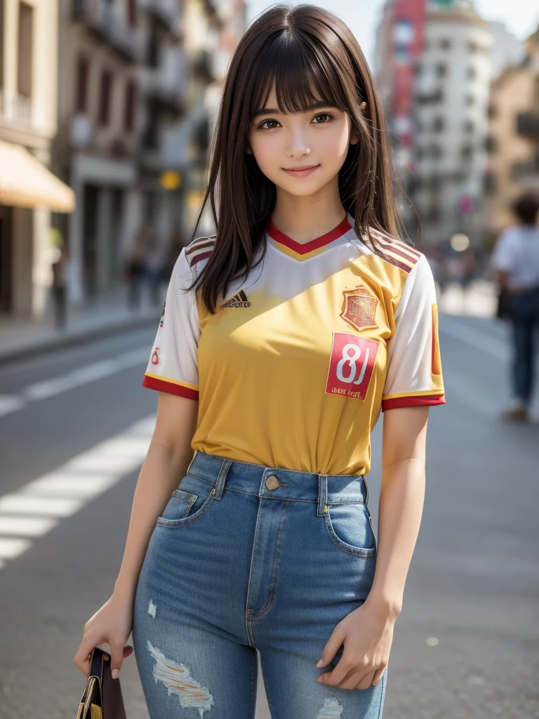 (8k, RAW Photos, highest quality, masterpiece:1.2), (Realistic, photo-Realistic:1.4), (Highly detailed 8k wallpaper), ((Full Body Shot)), (1 girl), Sharp focus, Depth of written boundary, Cinematic lighting, Soft Light, 緻密な美しさのeye, eye_Chan, Very beautiful 17 year old girl, innocent big eyes, Realistic, photo Realistic, Highly detailed cute girl, (Thin thighs), (Model Body Type), 18-year-old, (((Spain national football team jersey))), (Distressed vintage long denim pants), (((Fold your arms in front of your chest and act arrogantly))), ((A happy smile)), Parted lips, Watching the audience, (On the streets of New York) , (Brown Hair),(Long Bob Hair), (Asymmetrical bangs)