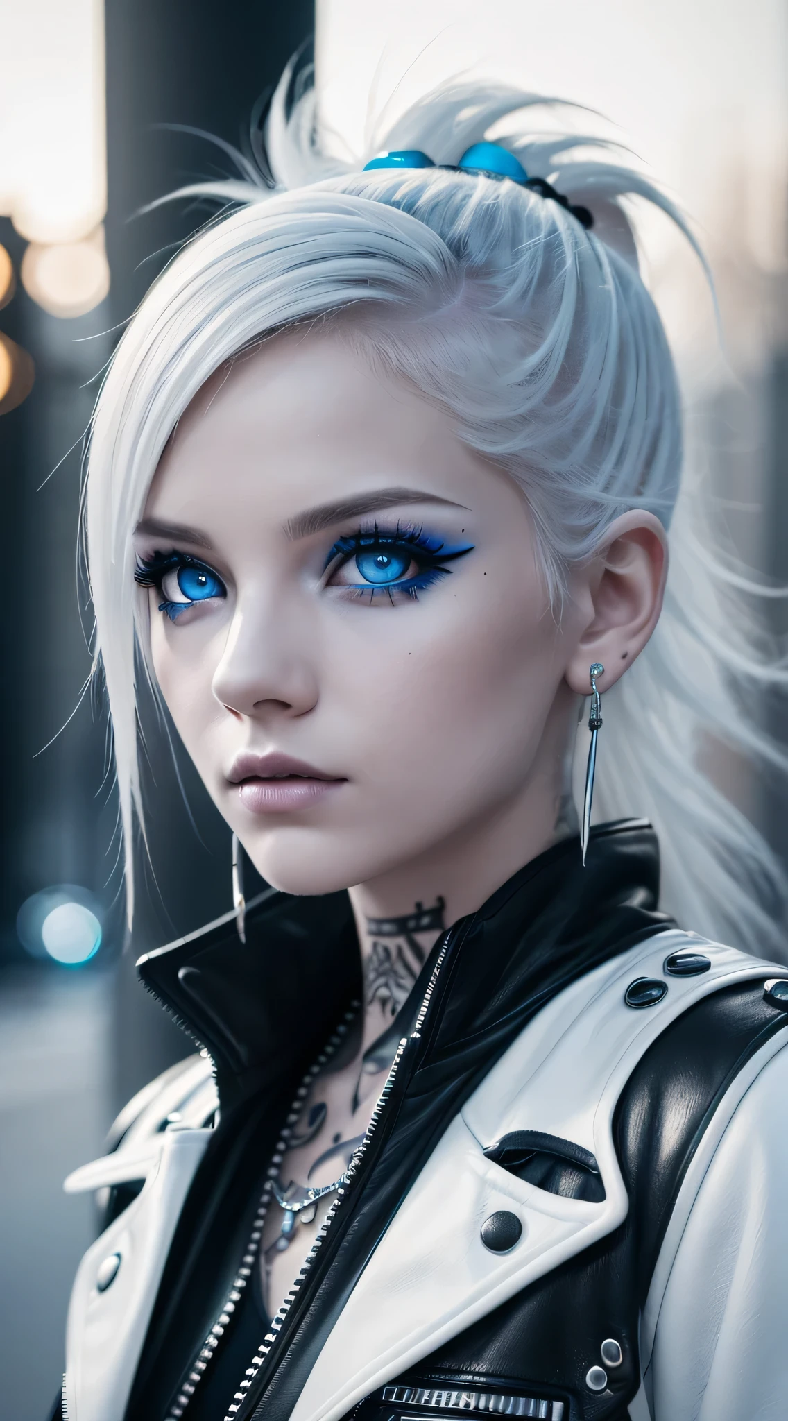 (Best Quality, 8K, 32K, masutepiece:1.3), Ultra-detailed, (Photorealistic:1.4), white colors, albino, punk Girl, Detailed eyes, Upper body, Luxurious punk hair, open coat, Edgy punk fashion, Avant-garde makeup, Numerous piercings, Heavily tattooed body, night Street background, neon lights, car headlights, Backlight effect, Shallow depth of field, Blurry background, low key lighting, heavily desaturated, black and white photo with blue accents (eyes, hair, clothing accents)