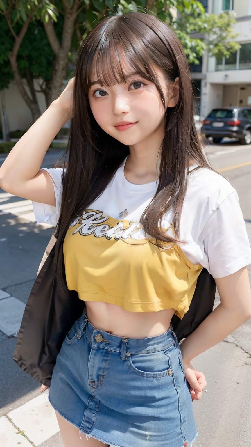 sexy big breasts,A 13-year-old beautiful girl looks sexy and cute & cute beautiful sexy face, The strong wind blows the hair in front of my face,Beautiful super long metallic blonde straight hair with beautiful cute and sexy eyes hidden behind long bangs、Navel Shirt、Very short yellow checked miniskirt、Turn around and look at me with a smile、