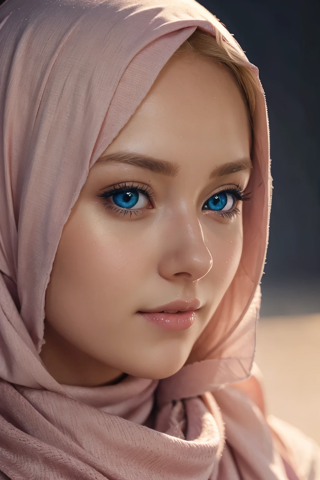 a beautiful blonde anime girl with blue eyes wearing a pink hijab, detailed portrait, high quality, 8k, photorealistic, masterpiece, intricate details, soft lighting, warm color palette, cinematic, dramatic lighting, elegant, serene, graceful
