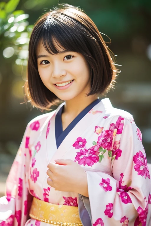 ((One Japanese  Girl)), Graceful and beautiful, slim, , Soft Light, whole body写真, 最high quality, Photorealistic, 8k, High resolution, Detailed skin, 8k UHD, Digital SLR, Soft Lighting, high quality, Film Grain, Fuji XT3, whole body, Are standing,　whole bodyの写真、((Cute pink floral print kimono)), smile, (The background is nature), (顔と体の両方が視聴者に向いているwhole body写真)、
