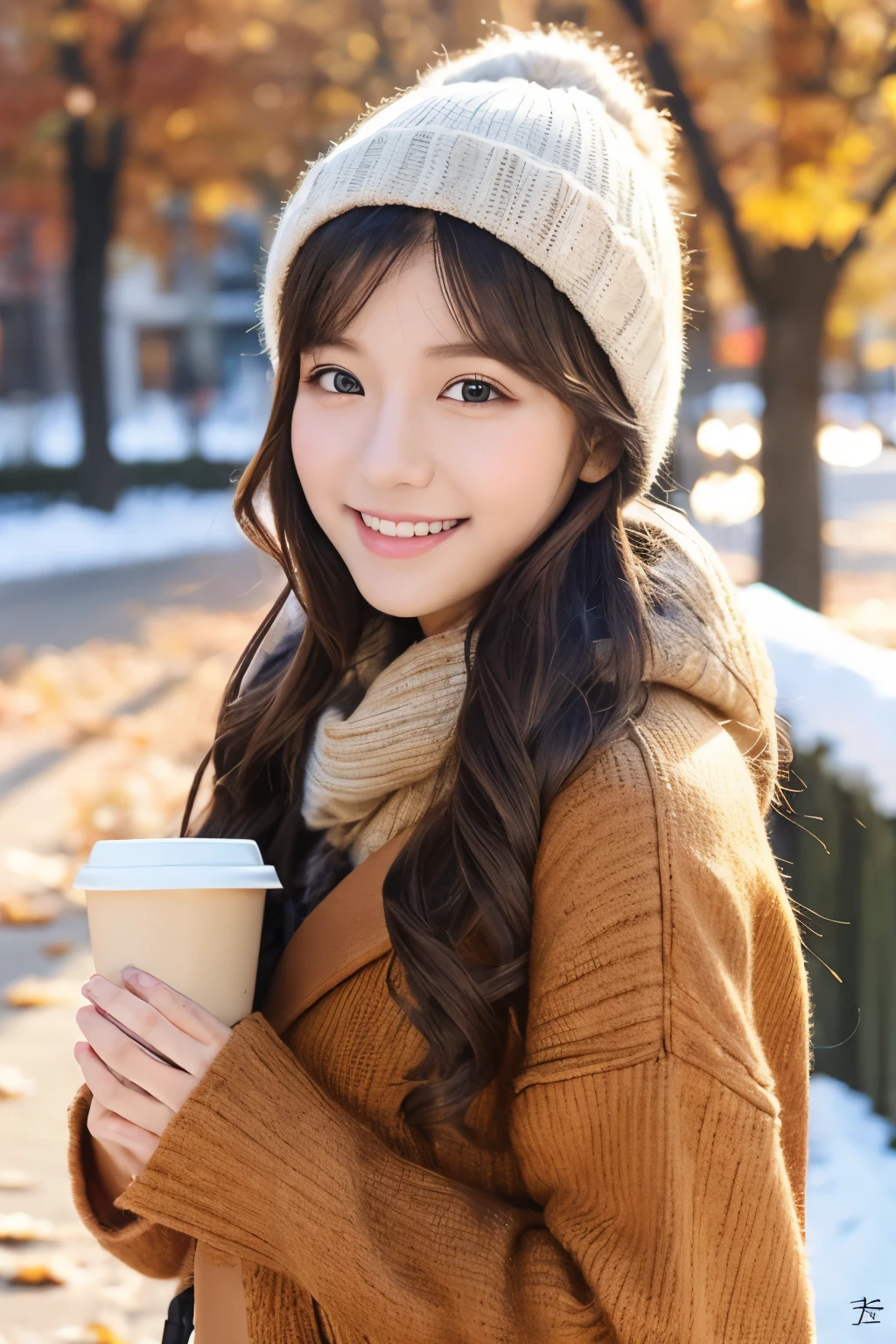 top quality、masterpiece、(realistic:1.4)、1 girl、smiling eyes、(Ulzzang-6500-v1.1:1.0)、brownish、brown eyes、22 years old、beautiful woman、、Autumn clothes、Background Eyes、Item Coffee Tumbler