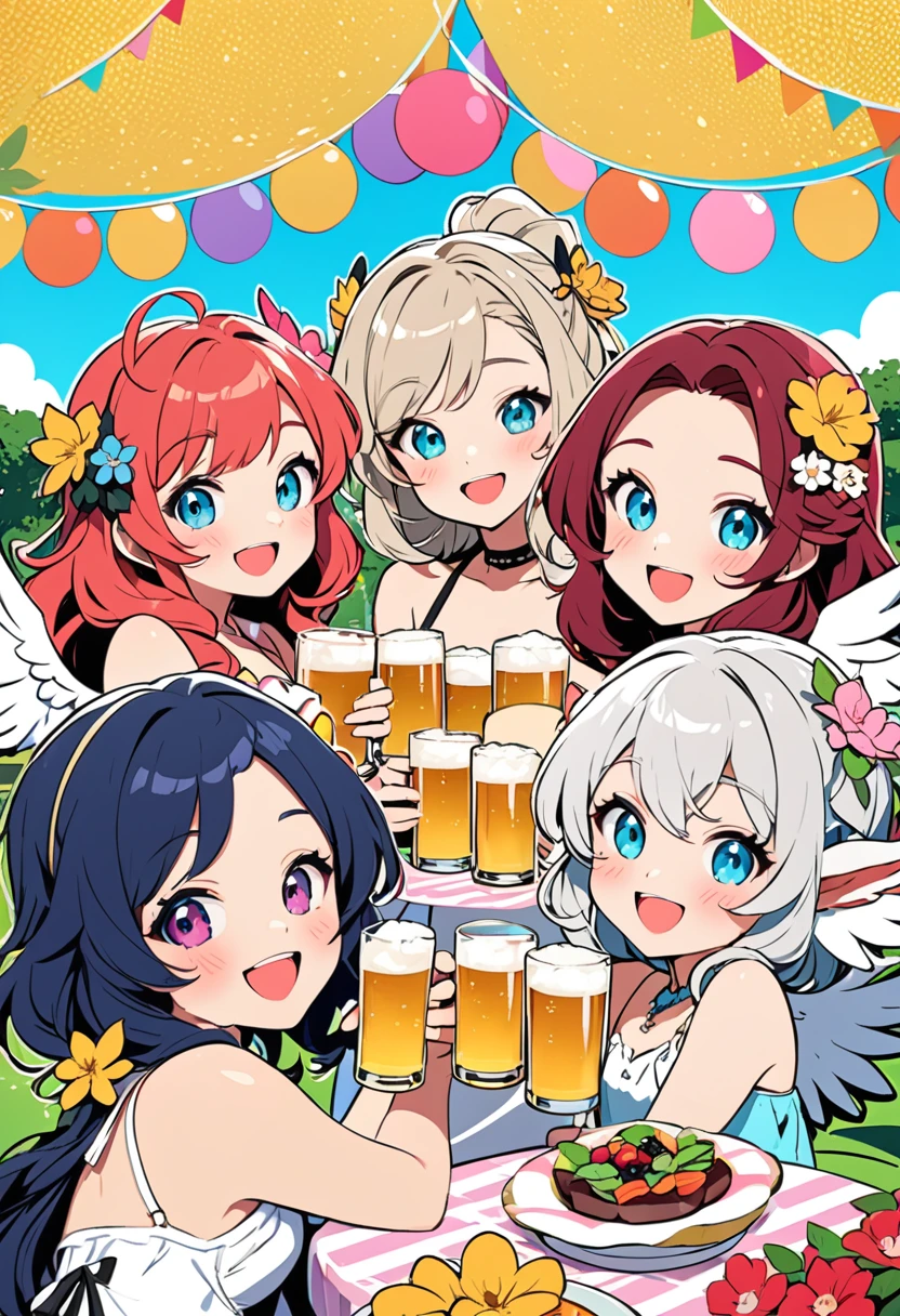flat color,popart style,(best quality, masterpiece, ultra highres, ultra-detailed:1.2) , top-tier quality, 16K UHD, (three Harpies),cute,chibi,(white wings),Harpies having a fun garden party,(beer party),cheers,enjoy,happy,depth of field,portrait, 
