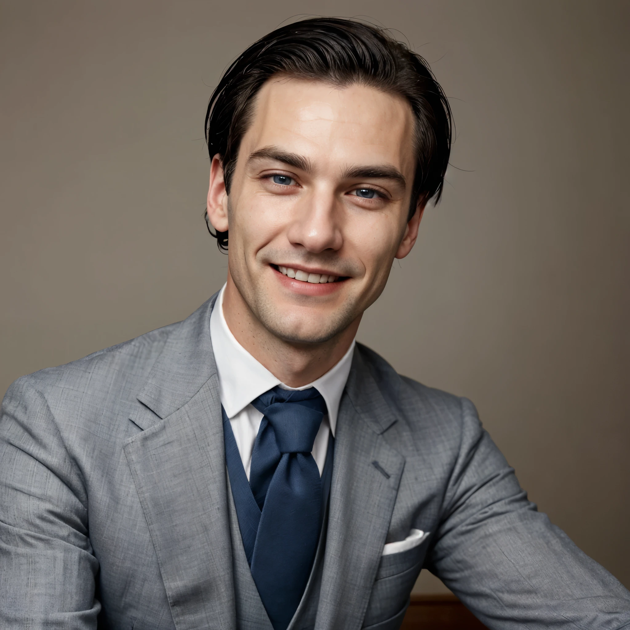 Adult male wearing 1920s suits, mid 30s, 6'3, Deep blue eyes, clean cut black hair that's slightly messy, clean shaven, small wrinkles with dimples when smiling