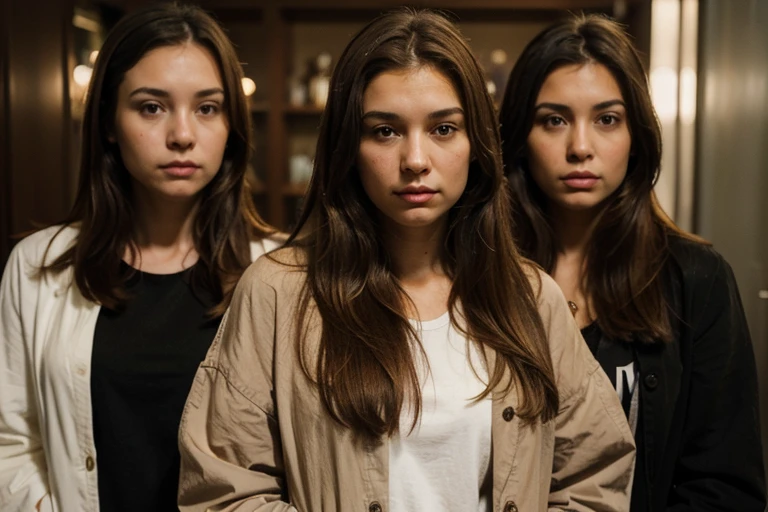 An image of a younger woman (age 29) with medium-straight light brown hair, medium length, light clothes and a slightly thicker, sad expression excluded from the group of friends