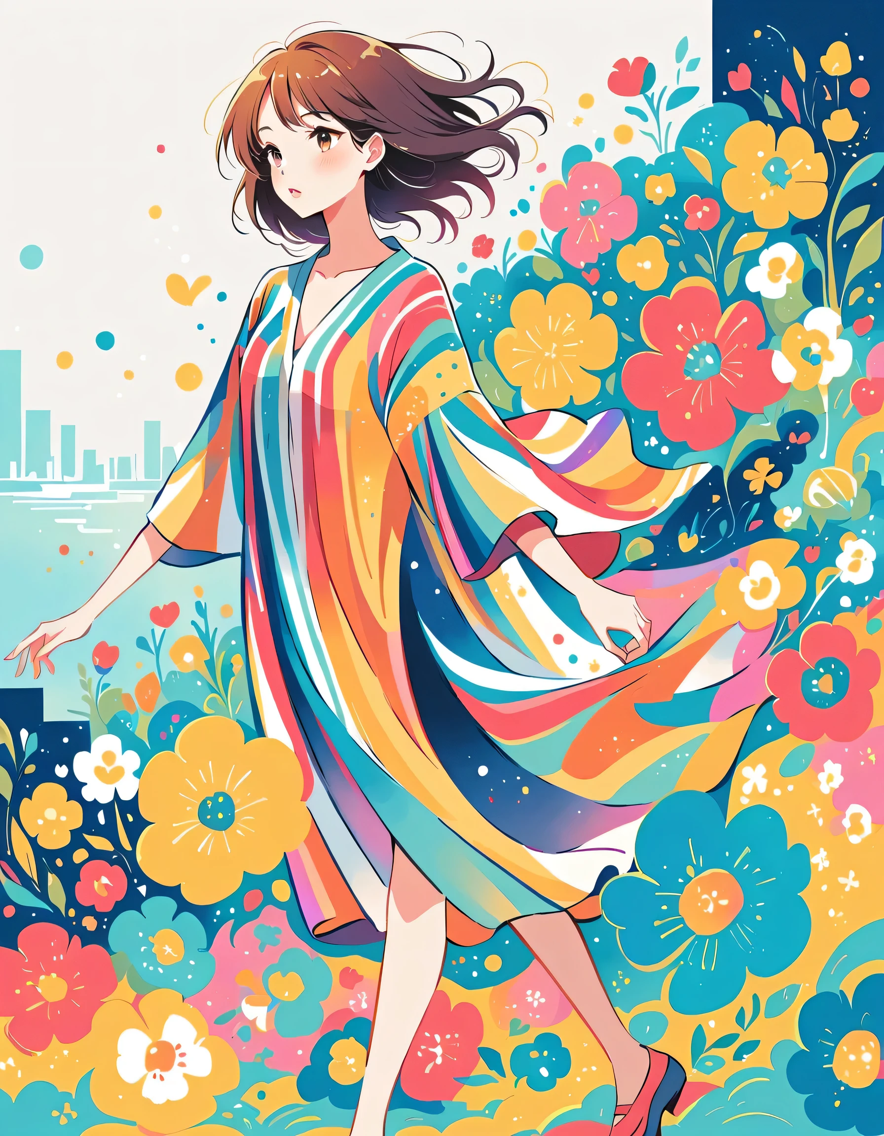 Watase Seizo style、The most beautiful girl of all time、Lips in Love、Colorful flowers、Simple line initials、Abstract art、Urban Background, walking
