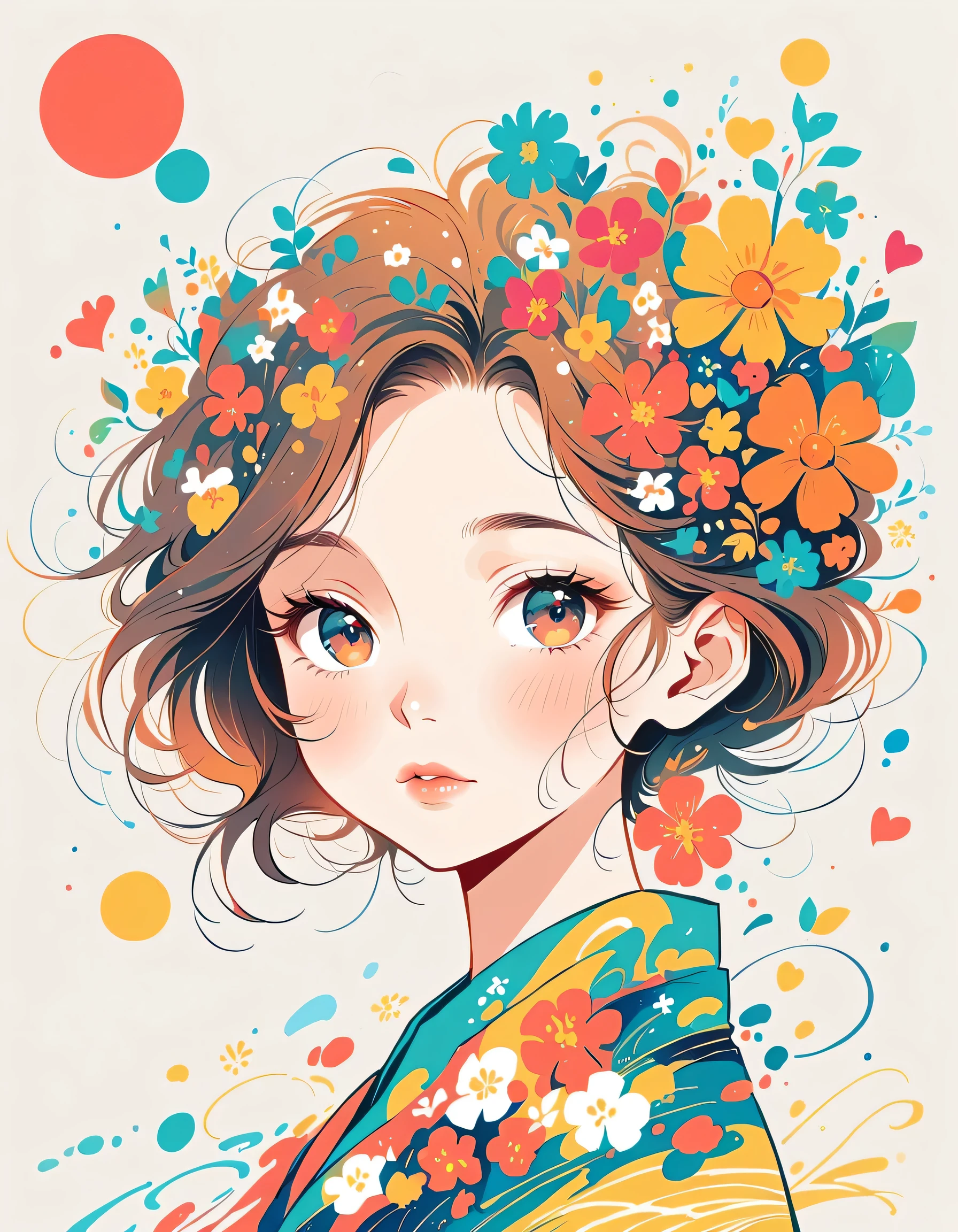 Watase Seizo style、The most beautiful girl of all time、Lips in Love、Colorful flowers、Simple line initials、Abstract art、Urban Background, walking