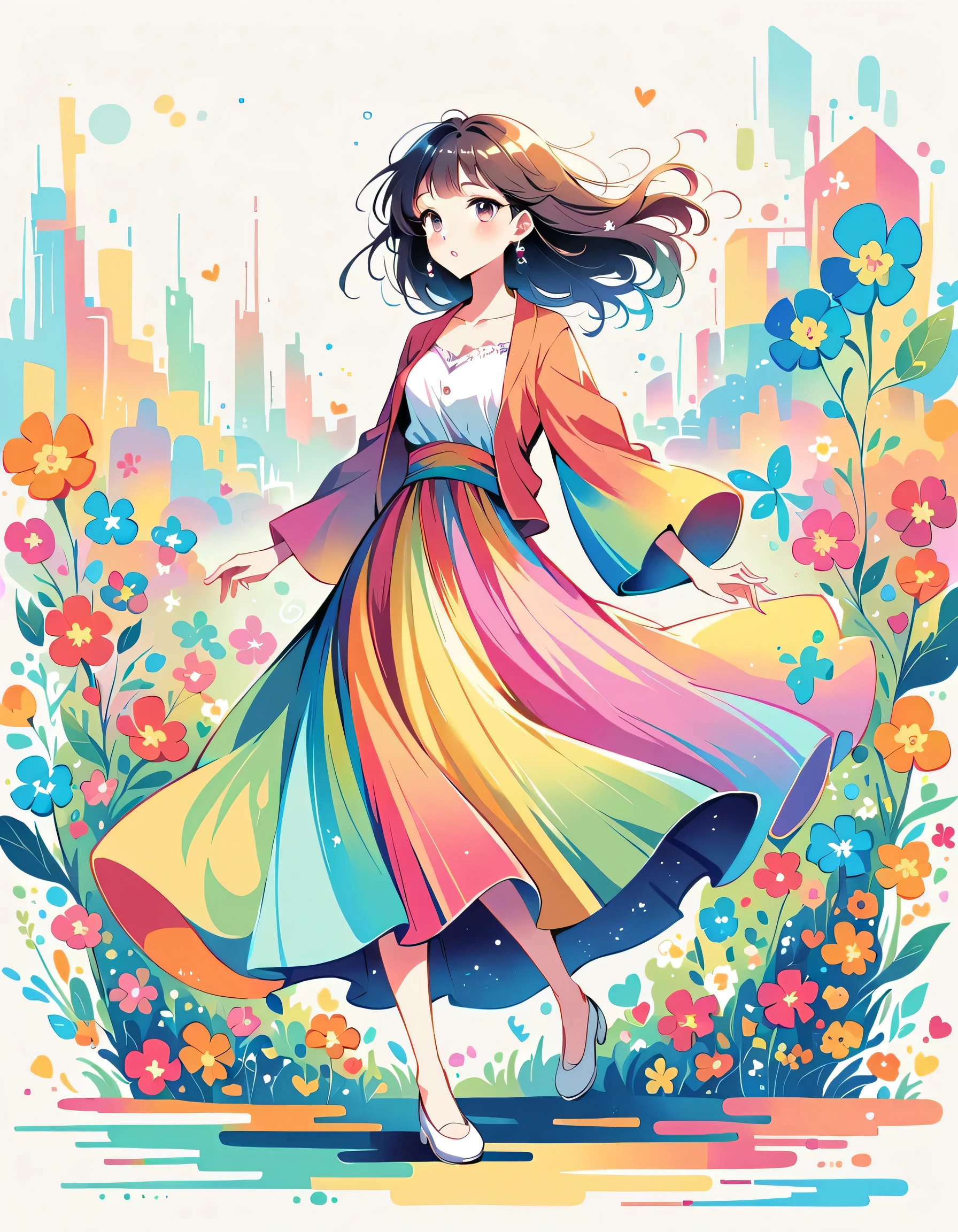 Watase Seizo style、The most beautiful girl of all time、Lips in Love、Colorful flowers、Simple line initials、Abstract art、Urban Background, walking