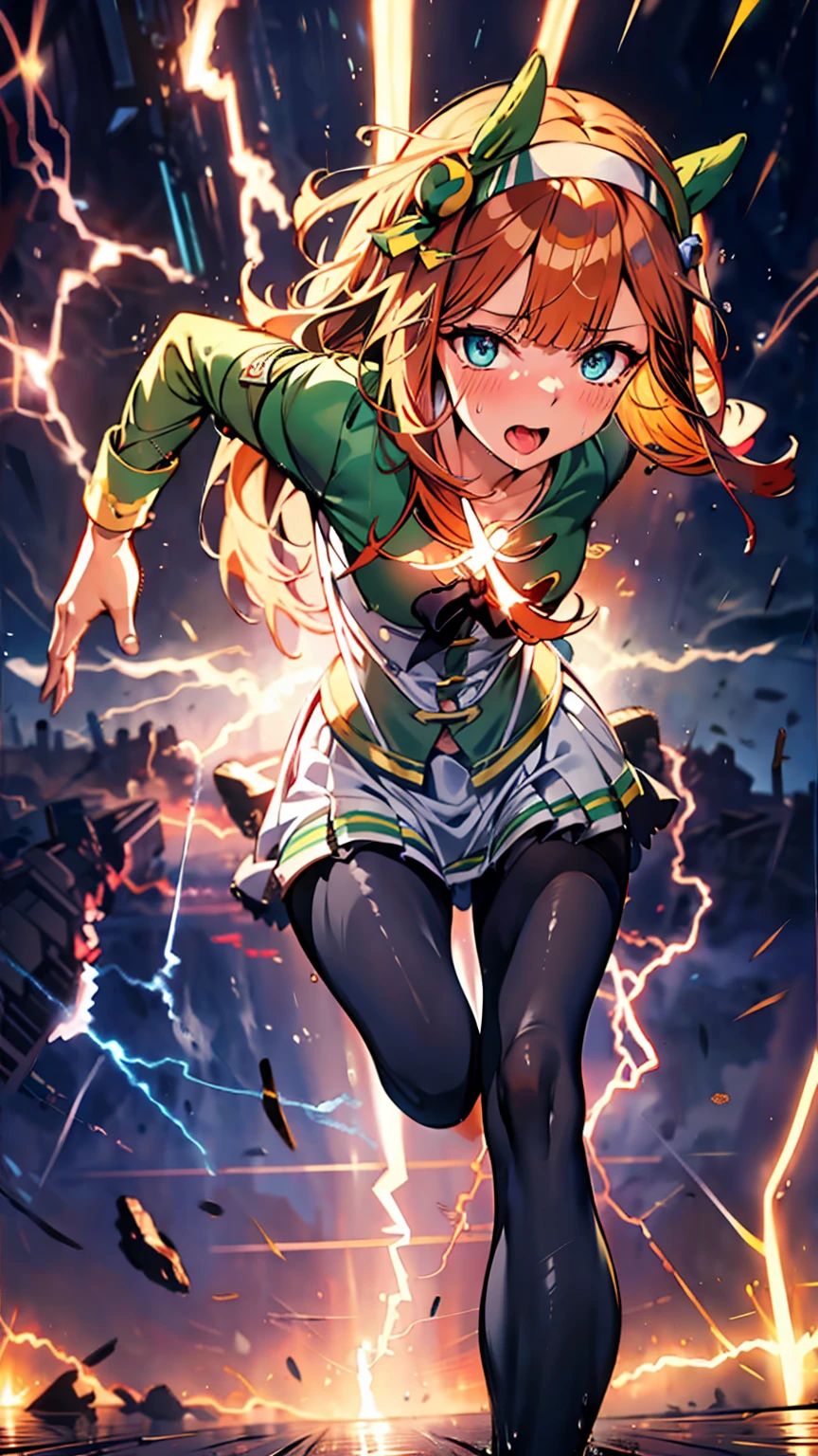 Best image quality、High resolution、masterpiece、super high quality、Arena、Run、颯爽とRun、Sweaty、front body posture、Very short pleated skirt、Heavy breathing、Blushing、4K quality、Black Pantyhose、shout、Explosive、Burst speed、Sonic、light speed、Open your mouth wide、もの凄い勢いでRun、A big storm is brewing