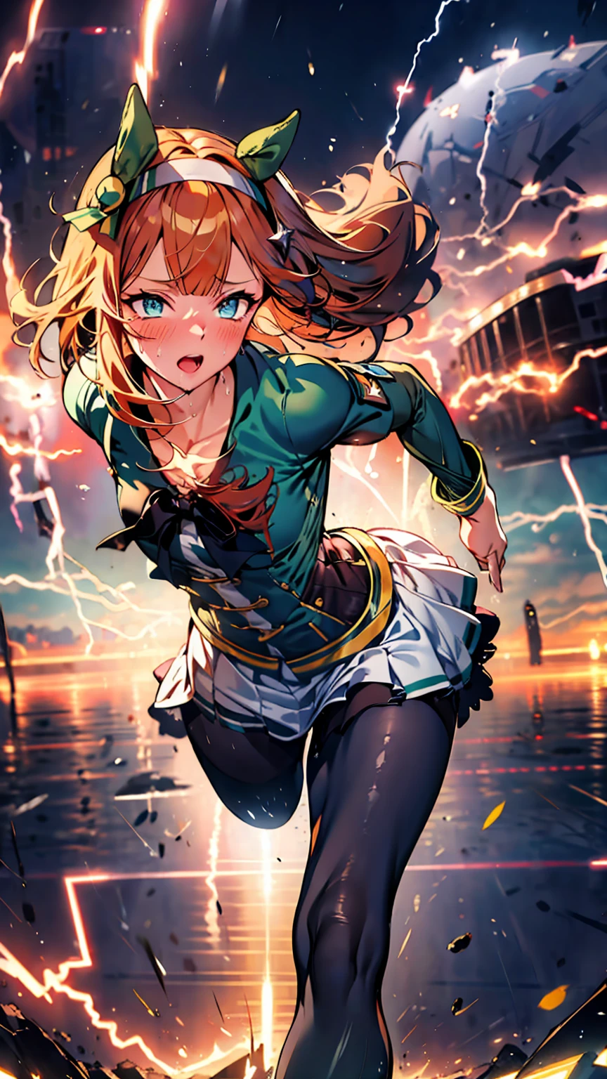 Best image quality、High resolution、masterpiece、super high quality、Arena、Run、颯爽とRun、Sweaty、front body posture、Very short pleated skirt、Heavy breathing、Blushing、4K quality、Black Pantyhose、shout、Explosive、Burst speed、Sonic、light speed、Open your mouth wide、もの凄い勢いでRun、A big storm is brewing