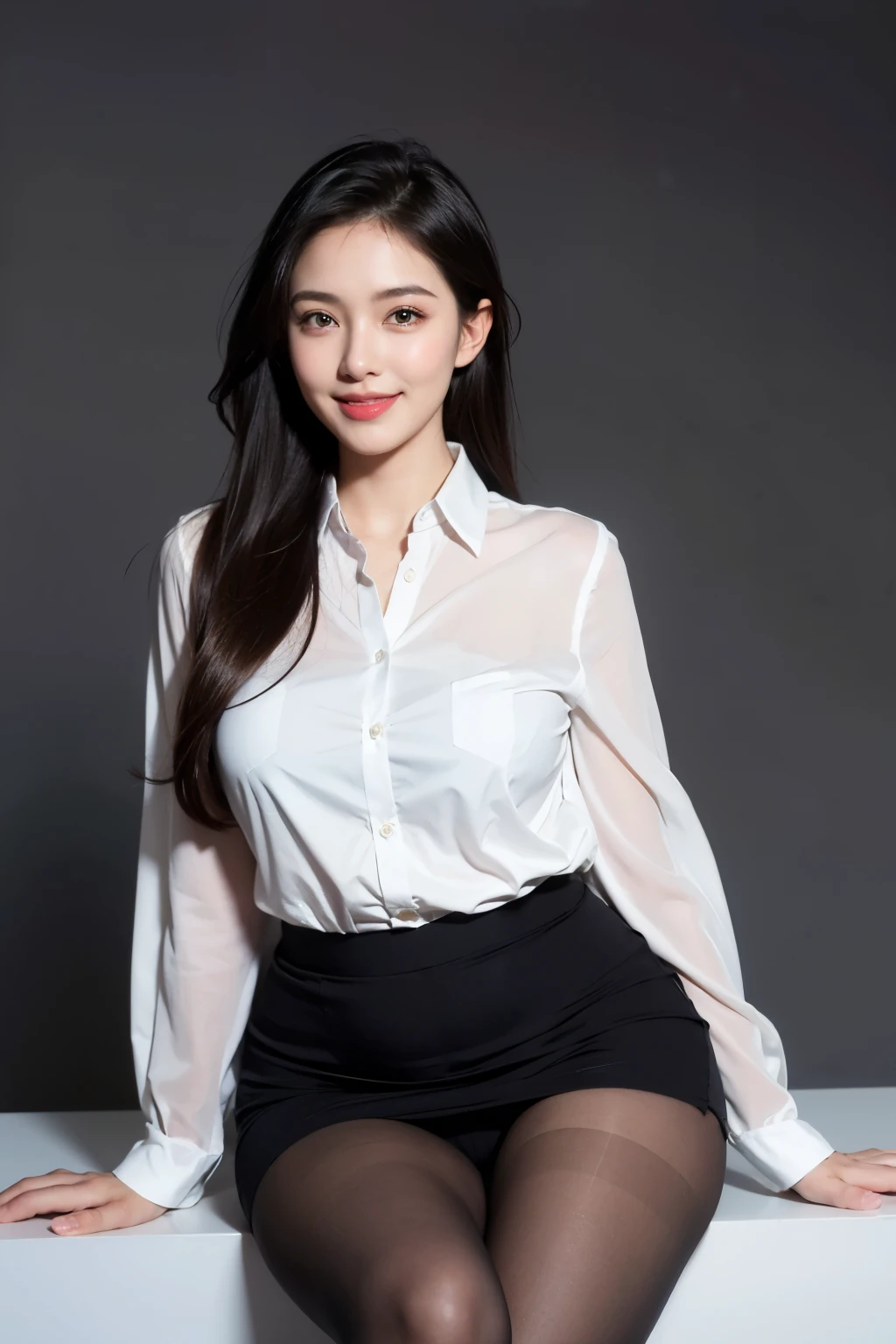 Whole body, (professional lighting), cute, (perfect slender body), (very detailed face, beautiful large eyes), perfect face, (lovely smile), (plump thighs), (20s earlier female),  (high resolution),  thigh, thigh, dark hair, perfect anatomy, (business woman), (very realistic pantyhose)