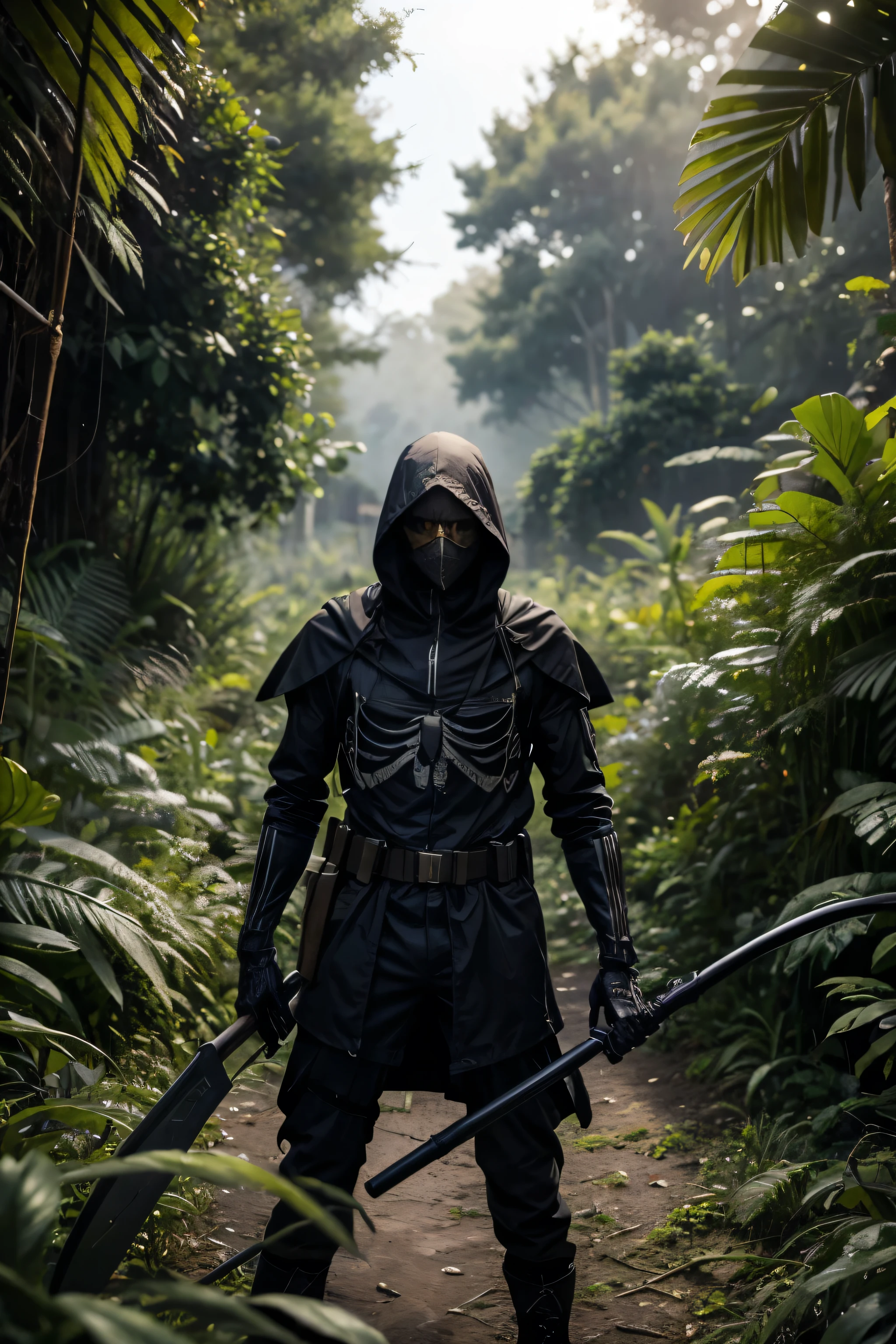 Skeleton man with hood wearing military combat clothing in attack position holding a scythe in the jungle