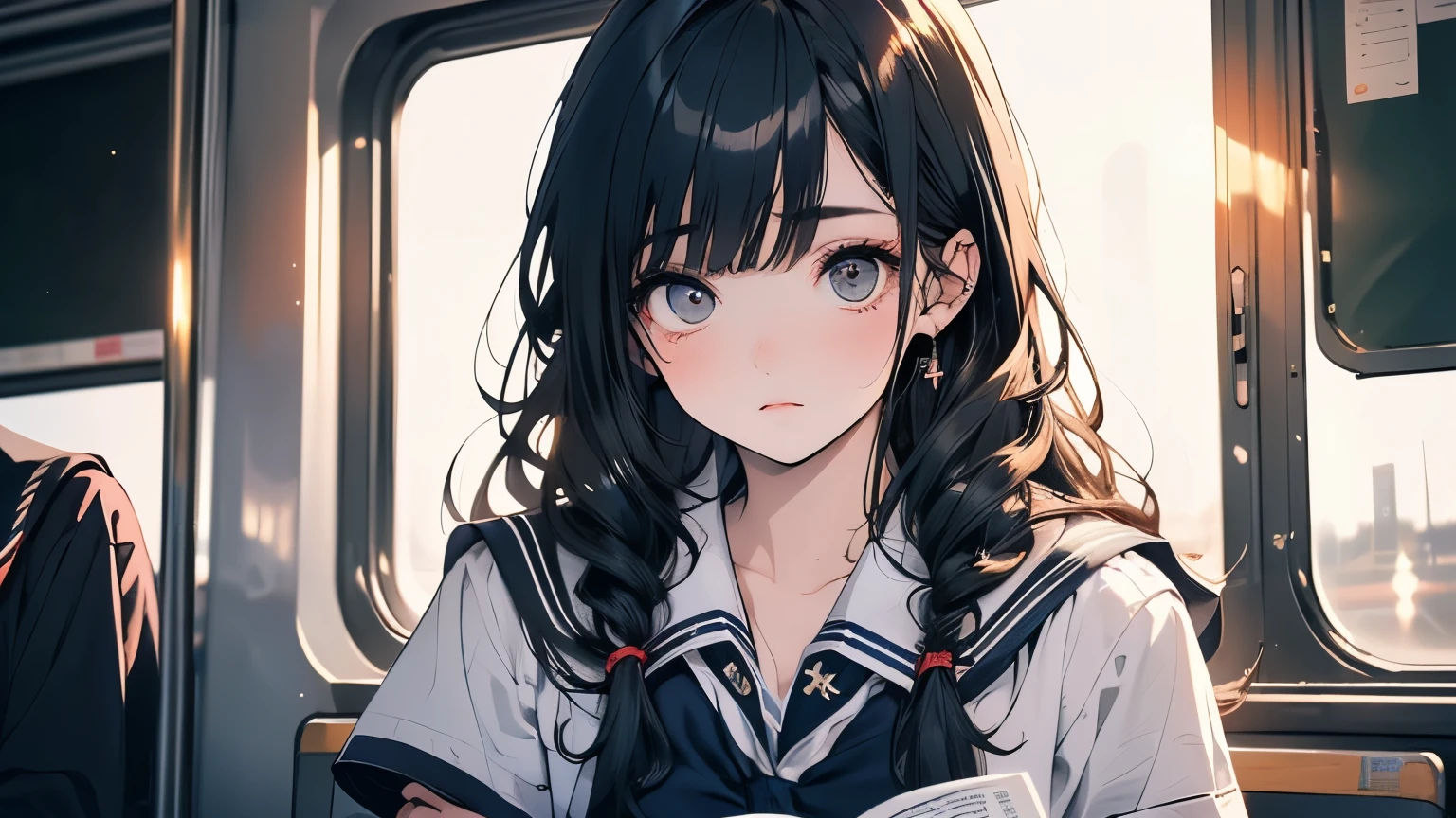 ((Beautiful girl:1.5),High resolution, highest quality),Wearing a sailor uniform,Super detailed, Big bright eyes, dark and brilliant curly hair, Sad look, Rosy Cheeks, Soft Light, Pure white background.  riding a train,Reading a book,whole body,Attractive legs