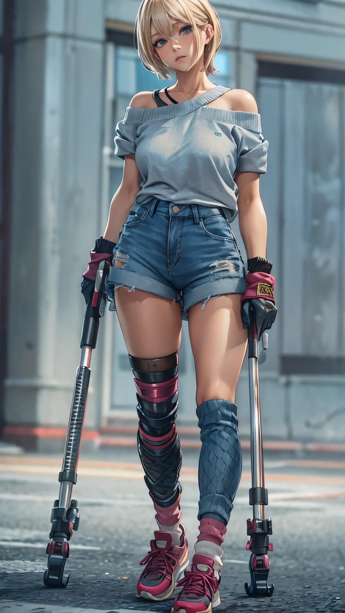 (Super detailed, realistic), streets scene, [Moderately:Oil], [Professional:1.1], [Physically based rendering], [bright colors], [sharp focus], [studio lighting], [extreme details], [highest quality,4k,8K,High resolution,masterpiece:1.2],(detailed face),outside the streets,((One 18-year-old woman)),(short blonde hair mixed  blue color),(dark),(painful),(disgusting),[nervous eyes],(casual ladies fashion,off shoulder,denim shorts,fishnet pantyhose),((loose socks,sneakers)),(gloves,knee pads),((she walks on crutches,the crutches’s length are from armpit,the crutches are putting on her side)),((her legs are inner side)).