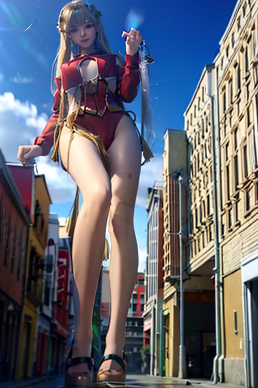 best quality, detailed face,Giant Girl 50,000 feet high，Have a pair of long legs，Have a pair of huge breasts，Wearing a red bikini，With blond waist-length hair，Loose hair，Wear a pair of Mary Janes，Blonde curly hair，A face full of enjoyment，Standing tall in a crowded town, Wanton destruction，It seems to be an invincible existence