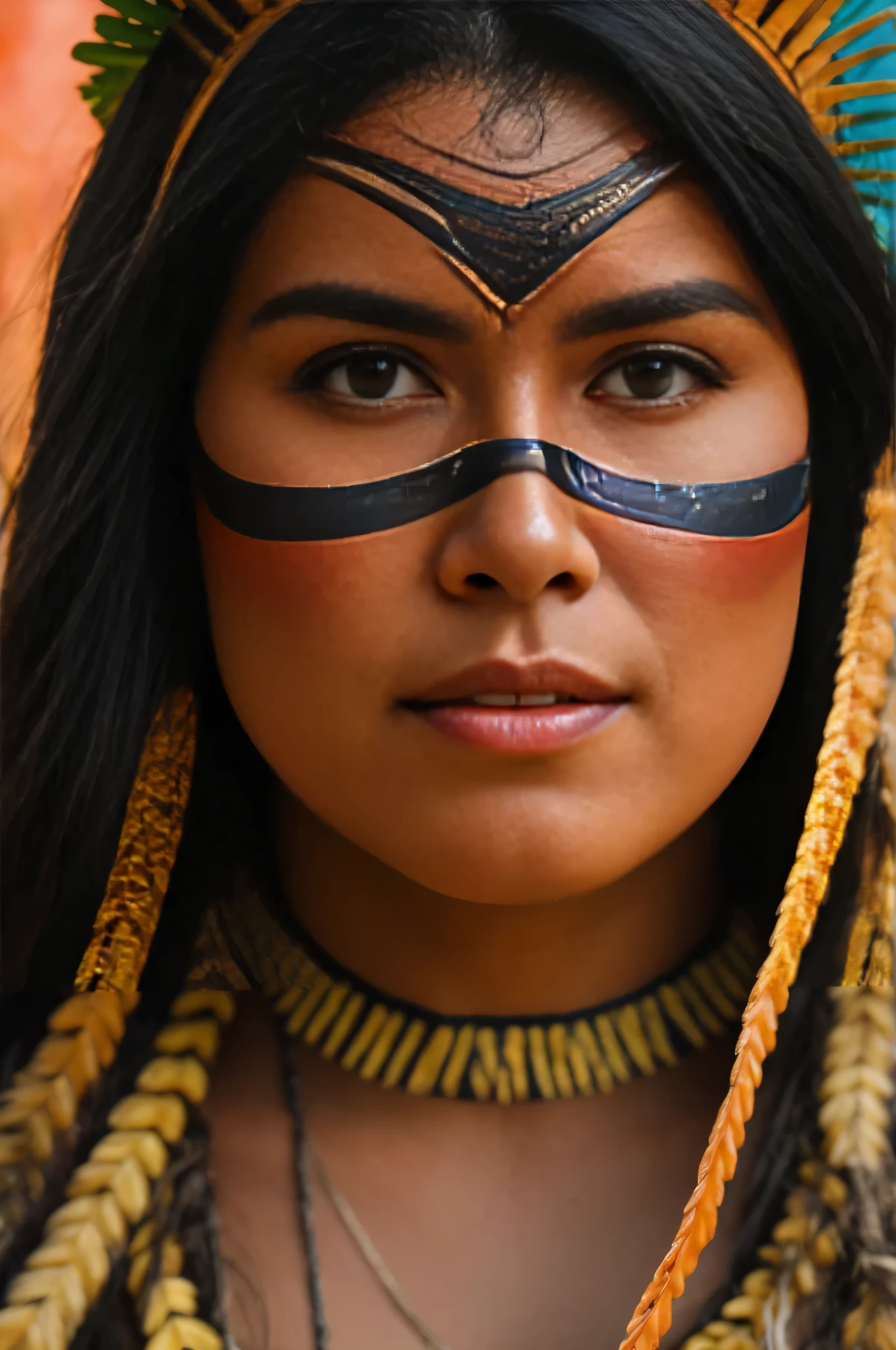 um close up de uma mulher com um cocar emplumado e uma pintura facial, mulher Indigenous, Amazonian indigenous peoples in Brazil, Retrato de uma guerreira, marcas tribais faciais, pintura do rosto de guerreira vermelho, Indigenous, pintura facial tribal, usando tinta de guerra, Retrato de um guerreira feminina, usando armadura tribal, pinturas tribais do rosto, anthropological photography, 16k, High definition, rosto detalhado, rosto detalhado, olhos detalhados, terno detalhado, Estilo DC, hiper-realista, + cinematic photo + dynamic composition, incrivelmente detalhado, nitidez, detalhes + detalhes soberbos + noite com luz + perfeccionismo + realismo premiado ((soft lighting))