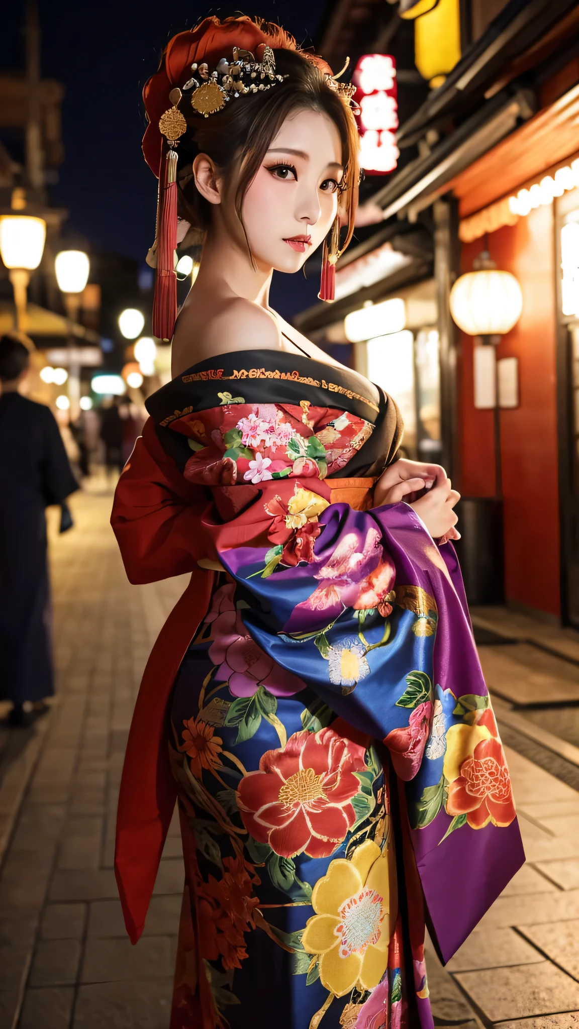 lady,oiran,kimono,big breasts,night street,have one's shoulders exposed,blush,