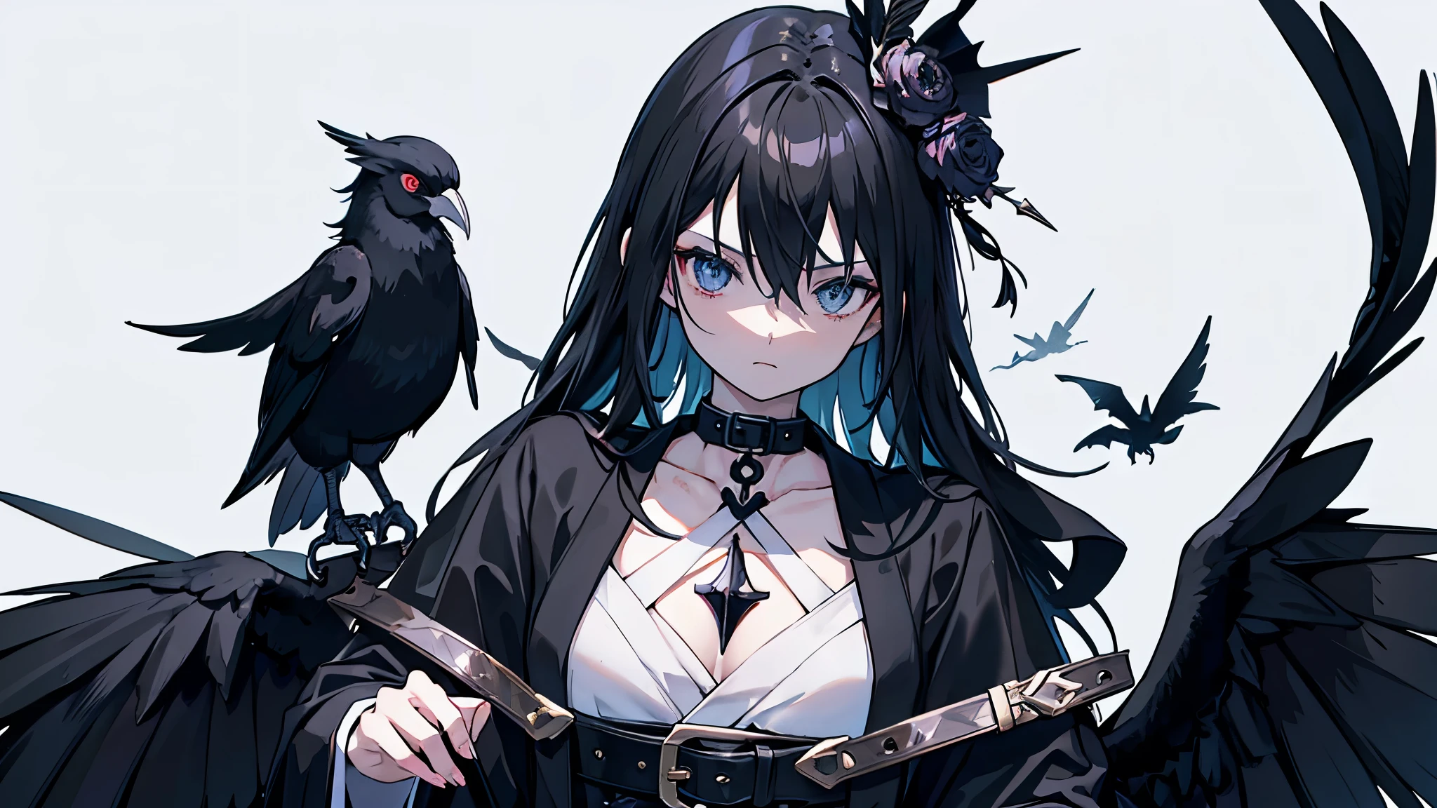 Gothic Harpie Fleeting Bird legs Belt on torso Black hood Character portrait whole body Japanese anime hand drawn illustration