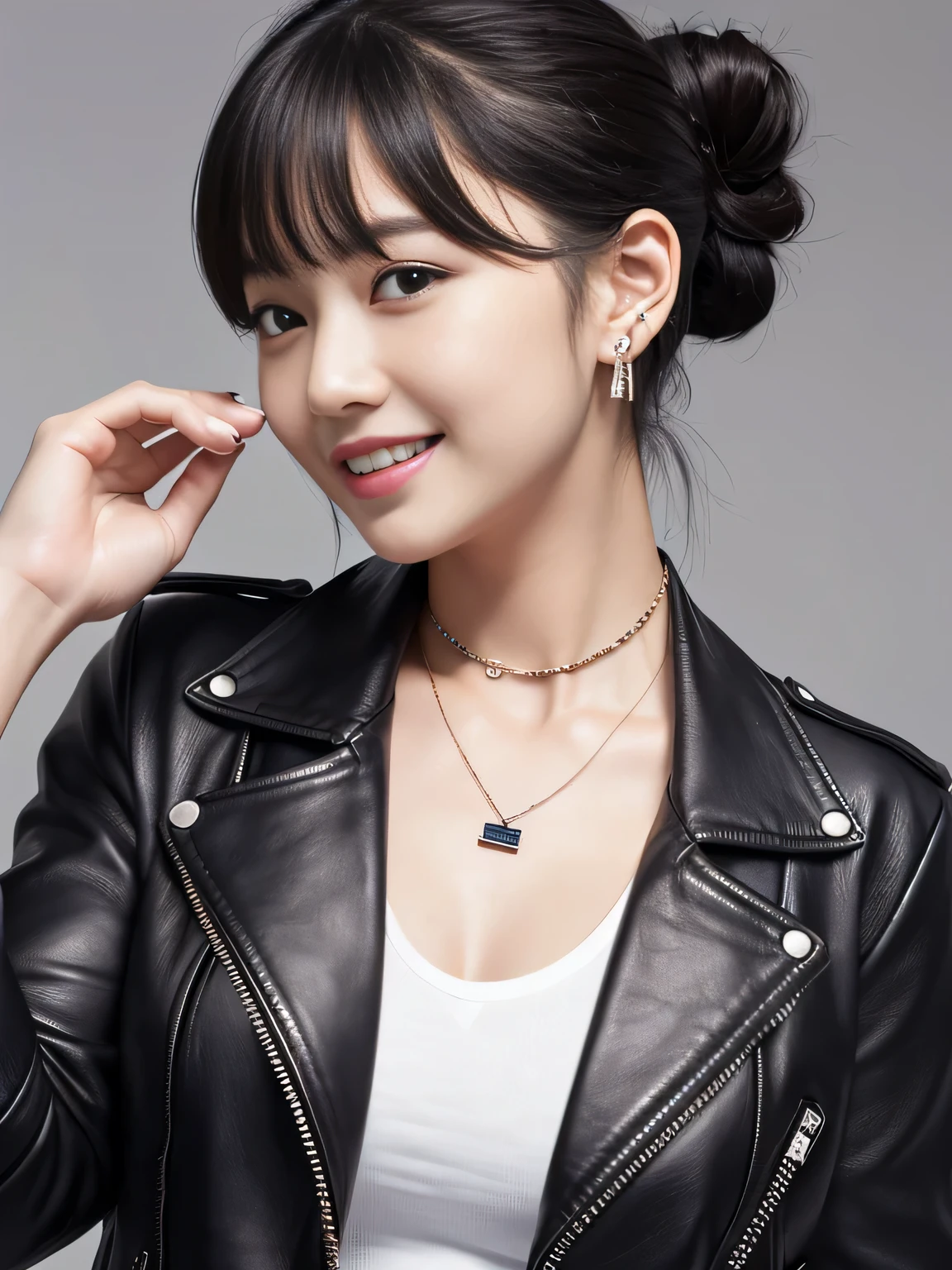 Ultra-high resolution, Superior Quality, highest quality, Very detailed, Realistic, 8k, RAW Photos, highest quality, masterpiece, Attractive girl, Awesome girl, Black Hair、Hairstyle bun、Japanese Idols, Sophisticated, stylish, leather jacket、shirt、smile、Beautiful teeth alignment、ear piercing、Necklace around the neck、
