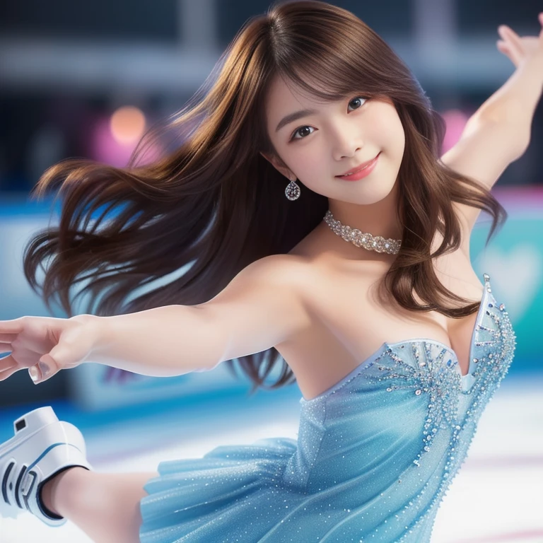 Photo-realistic quality、20-year-old skater skating on an ice rink in a light gray-blue dress, Ice Princess, Elegant girl, Beautiful Japanese female model, leotard、Neat and cute girl、looking at the camera、Detailed and beautiful eyes、Cute smile、A soft and gentle look