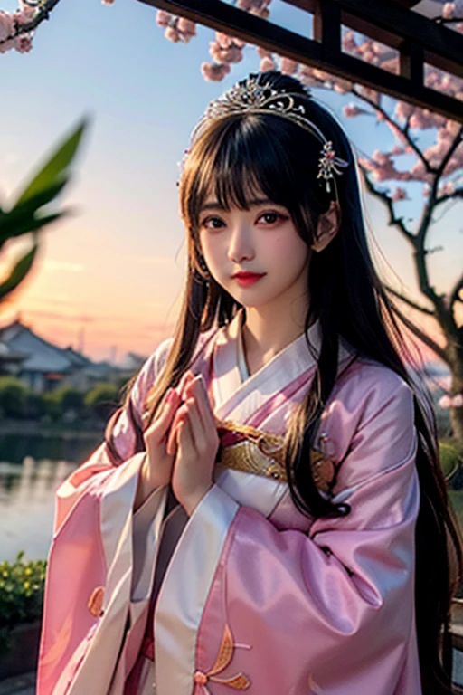 goddess　１２unlined kimono　The color is lustrous　upright　Joining hands in prayer　looking at the camera　Background is cherry blossoms　Front view　　tiara　Upper Body　big