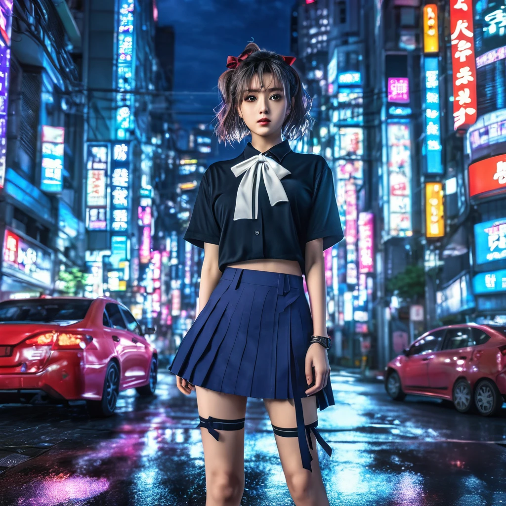 (8k, RAW photo, masterpiece:1.3), (realistic, photo-realistic:1.37), (night), (looking at viewer:1.331), (bloody hair), posing, Tokyo street, nightcityscape, cyberpunk city, soft light, 1girl, extremely beautiful face, bust, put down hands, Random hairstyle, Random expression, big eyes, lower abdomen, (short-sleeved .JK_shirt), JK_style, (dark blue short JK_skirt), (bow JK_tie), mix4., best quality