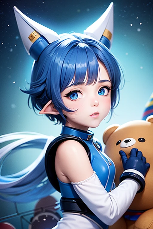 Cartoon girl in space suit with teddy bear, Vertical Anime Space Cadet, RTM germs jsc, Portrait of an armored astronaut girl, IG model | RTM germs, Molly Area, RTM germs and atey ghailan, image of knight of the zodiac, RTM germs and lois van baarle, Inspiration from Leng Mei, Star Guardian inspired, blue short hair, shining blue eyes, long eared elf