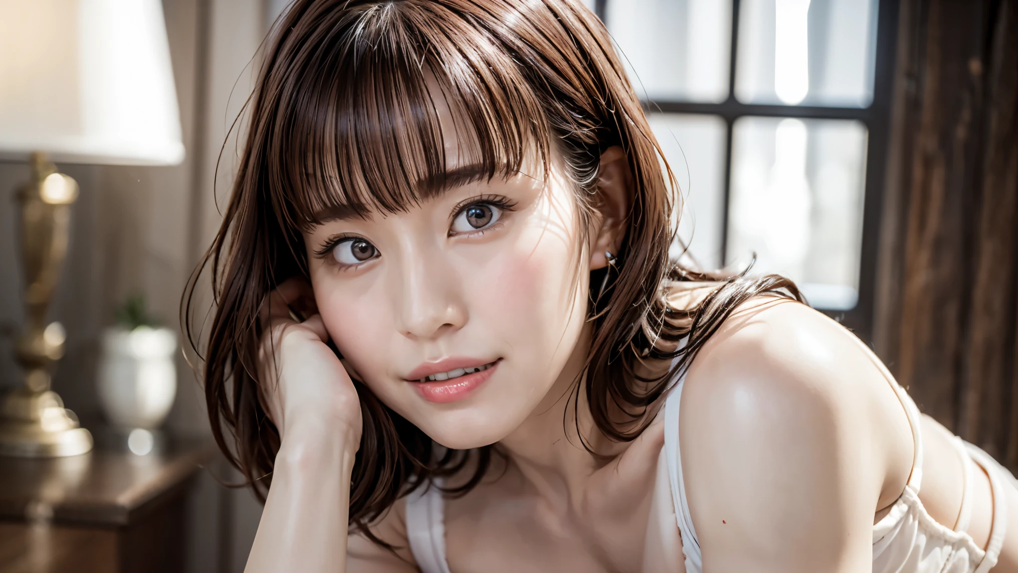 highest quality, Realistic, Perfect Human Anatomy, Very detailed, Very delicate and beautiful, Raw photo, Professional Lighting, Illumination, Depth of written boundary, Single focus, whole body, Skinny Japanese woman, 30-year-old woman, Brown Hair, Small Head, Beautiful Eyes, True Face, Realistic skin, Fine grain, White bra, White panties,Bobcut