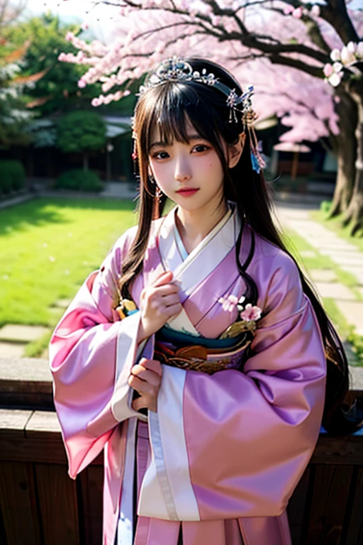 goddess 12unlined kimono The color is lustrous upright Joining hands in prayer looking at the camera Background is cherry blossoms Front view tiara Upper Body big