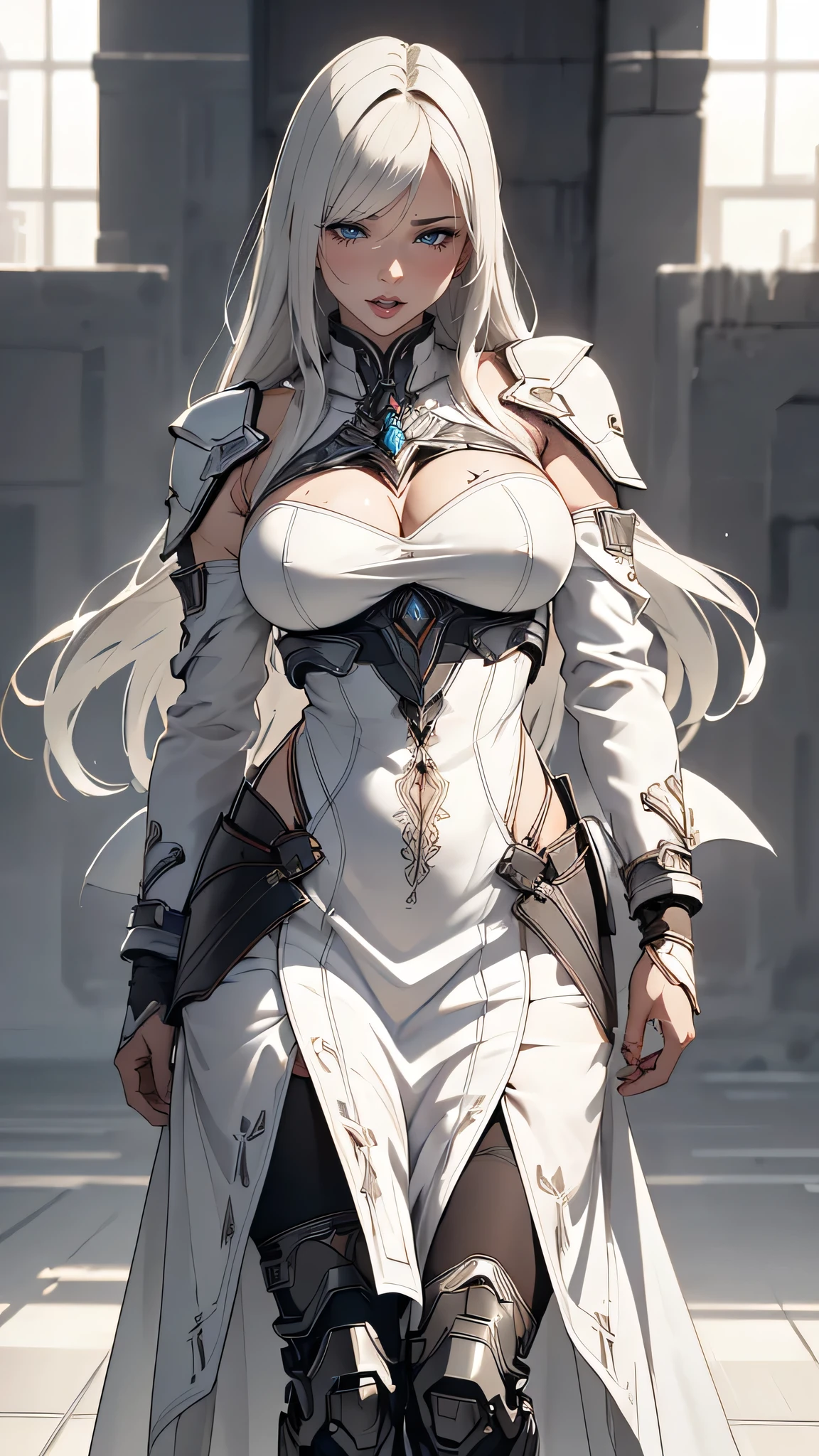 (dynamic fighting pose),(leather boots,(asymmetrical mecha armor),(long embroidered white lace dress,see through,lift up the hem of the dress)),(random hairstyle),(Thin type:1.8),(large breasts),(Highest image quality,(8K), Ultra-realistic, Best Quality, High quality, High Definition, high quality texture, high detailing, Beautiful detailed, fine detailed, extremely details CG, Detailed texture, realistic representation of face, masterpiece, presence)
