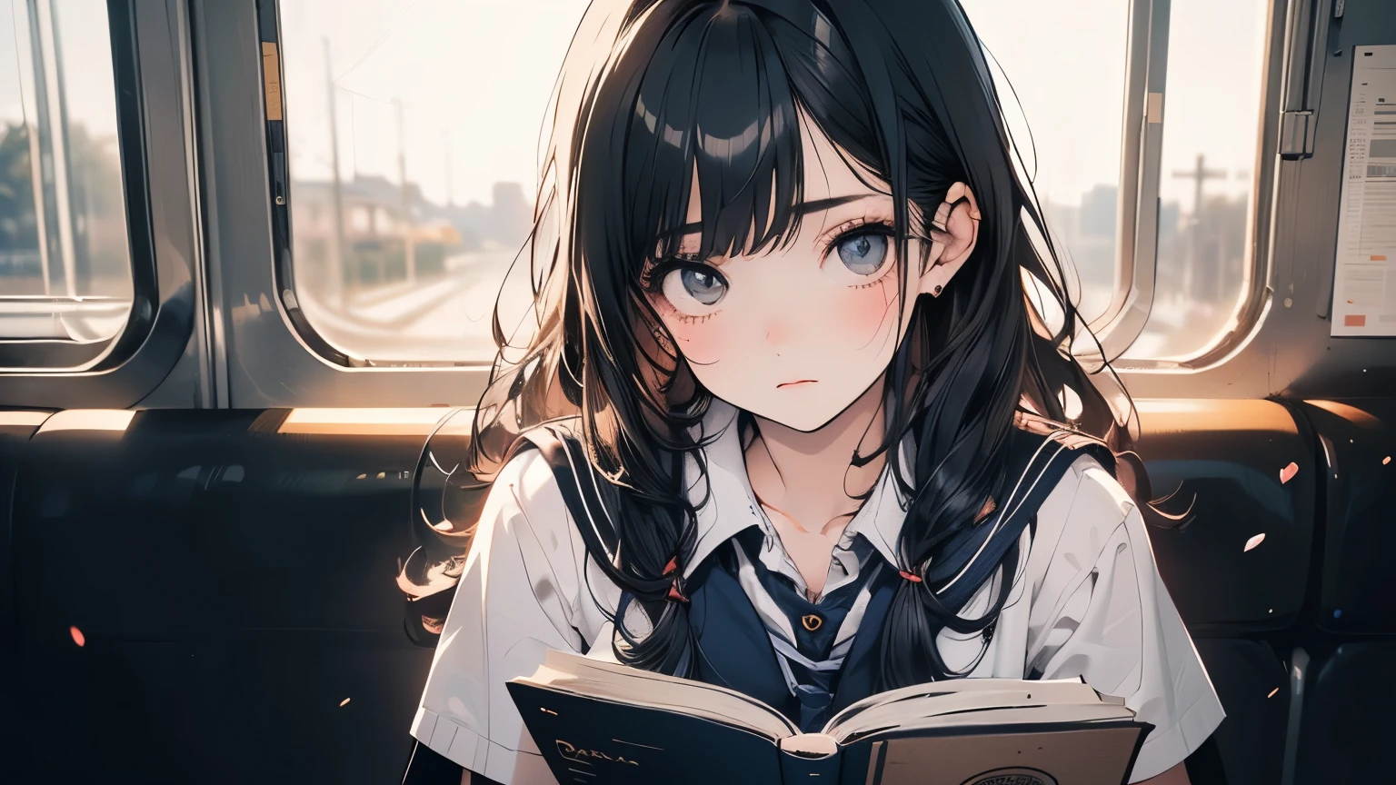 ((Beautiful schoolgirl:1.5),High resolution, highest quality),Wearing a sailor uniform,Super detailed, Big bright eyes, dark and brilliant curly hair, Sad look, Rosy Cheeks, Soft Light, Pure white background. riding a train,Reading a book,whole body,Attractive legs