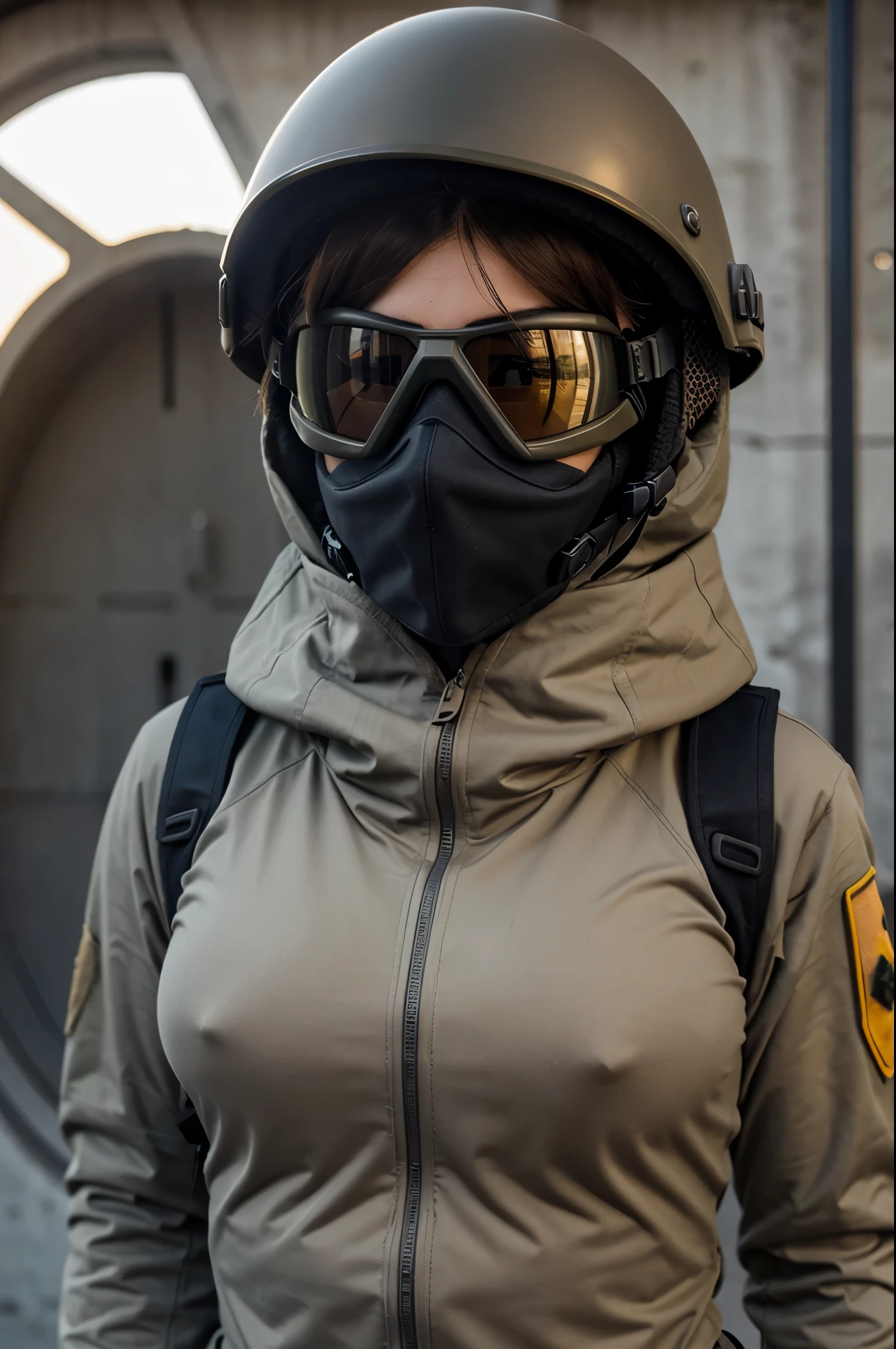 An military woman using an tan coloured goggles attached to MICH-2000 helmet and balaclava, she also wear an grey hoodie and black military tactical vest. Her features was an pretty curvy chest along with her blue eyes. And the background should be grey please
