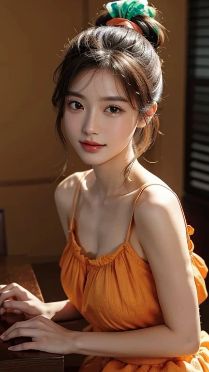 spotlight on stage,face close up,a woman,full body photo,table top, Best image quality, high quality, the background is clear，Beautiful woman, Japanese, detailed, detailed eyes, detailed skin, beautiful skin, 超highest resolution, (reality: 1.4),very beautiful woman, a younger face, beautiful skin, slim, (Ultra photo realism), (highest resolution), (8K), (매우 detailed) (beautiful and delicate eyes), (매우 detailed),   (detailed face), View viewer, fine details, detailed face, Looking straight ahead, Looking straight ahead, 사진 reality적인, bright lights, professional lighting, black hair,ponytail,baby face,sixteen years old,hair style: ponytail,Long ponytail hairstyle,a little smile,Orange-colored long dress with plenty of ruffles, soft shaped skirt,
