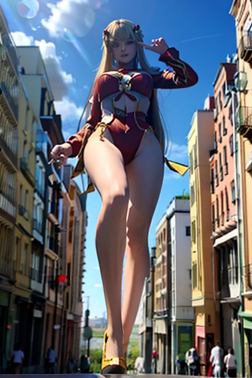 best quality, detailed face,Giant Girl 50,000 feet high,Have a pair of long legs,Have a pair of huge breasts,Wearing a red bikini,With blond waist-length hair,Loose hair,Wear a pair of Mary Janes,Blonde curly hair,A face full of enjoyment,Standing tall in a crowded town, Wanton destruction,It seems to be an invincible existence
