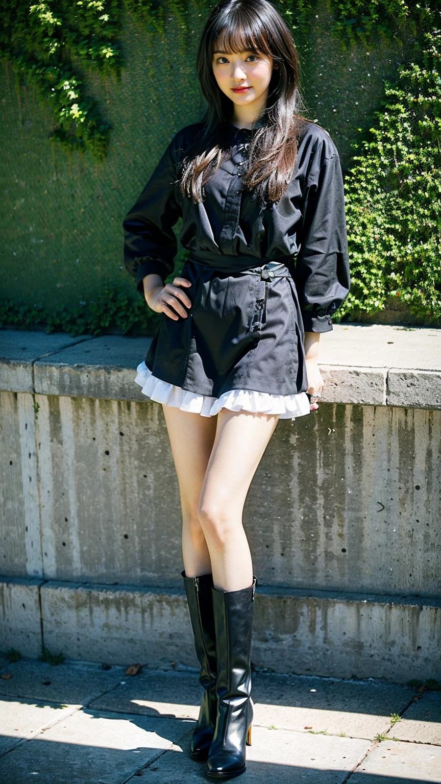 (8k、RAW Photos、highest quality、masterpiece:1.2)、(Realistic、Realistic)、1 girl、((garden、smile、Large Breasts、Black horts under the skirt、See-through、Frills、Semi-long hair、boots、smile、Standing with hands on hips))、