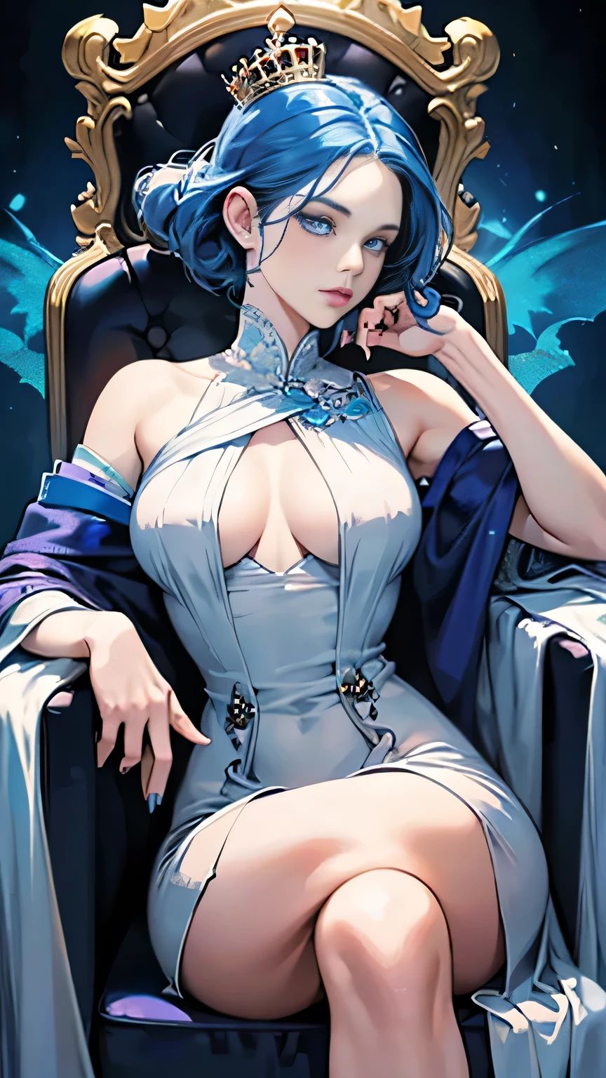 (best quality, 4K, high resolution), woman in her 30s, blue hair, short hair, straight hair, woman in vampire transformation, cold eyes, piercing eyes, strong appearance, bright blue eyes, facial expression enhancement, change in the appearance of a transformation, fight against evil, big ass, delicate illustrations drawn in detail, white dress, beautiful clothes, realistic portrait, vibrant colors, expressive, classic background, perfect eyes, blue pupils, sexy body, big breasts, sexy, sitting on the throne, extreme MILF, book cover, empress, sexxy pose, milf women, mature, empress, crown, celestial, crossed legs