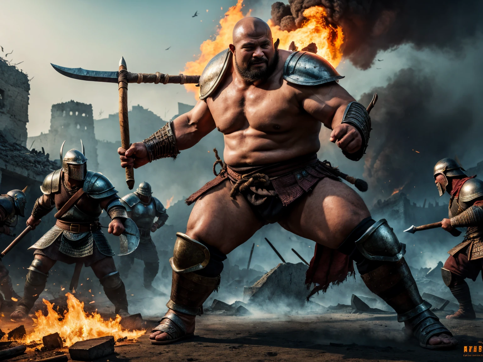 looking at me, Staring Intently, face focus, Bandit, a fat ferocious barbarian, This barbarian is a fat Japanese, smirking, mid combat, intense battle scene, leather and iron armor, armored short skirt, holding a Viking War Axes, legs exposed from thighs to feet, fierce warriors, ancient battlefields, epic showdown, battleground background, masterpiece, volumetric lighting, Dramatic, Uighur the Warden, breathtaking action, dynamic poses, bald, ((ultra sharp)), ((masterpiece)), ((best quality)), ((ultra detailed)), ((intricate details)), Inguinal region detailed, Dilapidated, breathtaking action, destroyed city after big air raids, fire, smoke, A brutal scene, 