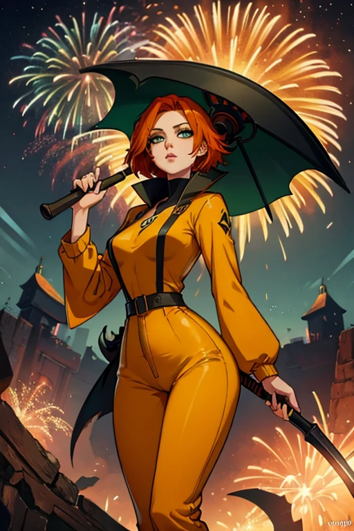 An orange haired female reaper with green eyes with an hourglass figure in a yellow jumpsuit is  is watching fireworks with her scythe