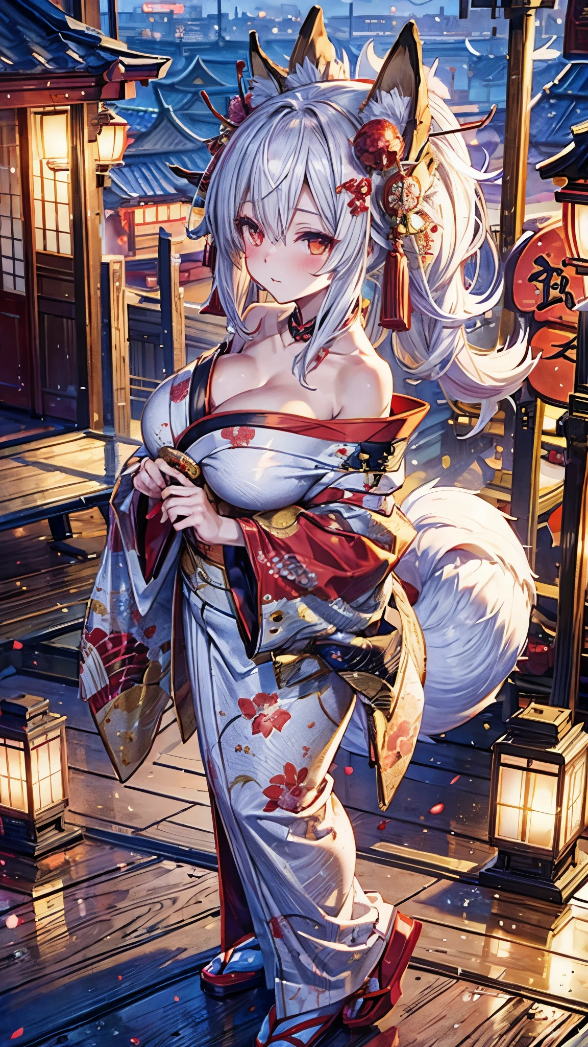 ((worst quality, low-quality)), ((🦊Eared girl)), Solo, Big breasts, ((Long silver hair)), plump shiny lips, Beautiful clear eyes, (Golden Eyes, kirakira), Spoken Heart, ((Japanese shrine maiden, Intricate and majestic beautiful pattern)), embarrassed, Looking back, (Moon), (rays of moonlight:1.4), Autumn foliage picking, leaves falling, (( Background of autumn leaves)), high-angle shot, masutepiece,Best Quality,ultra-detailliert, masterpiece,