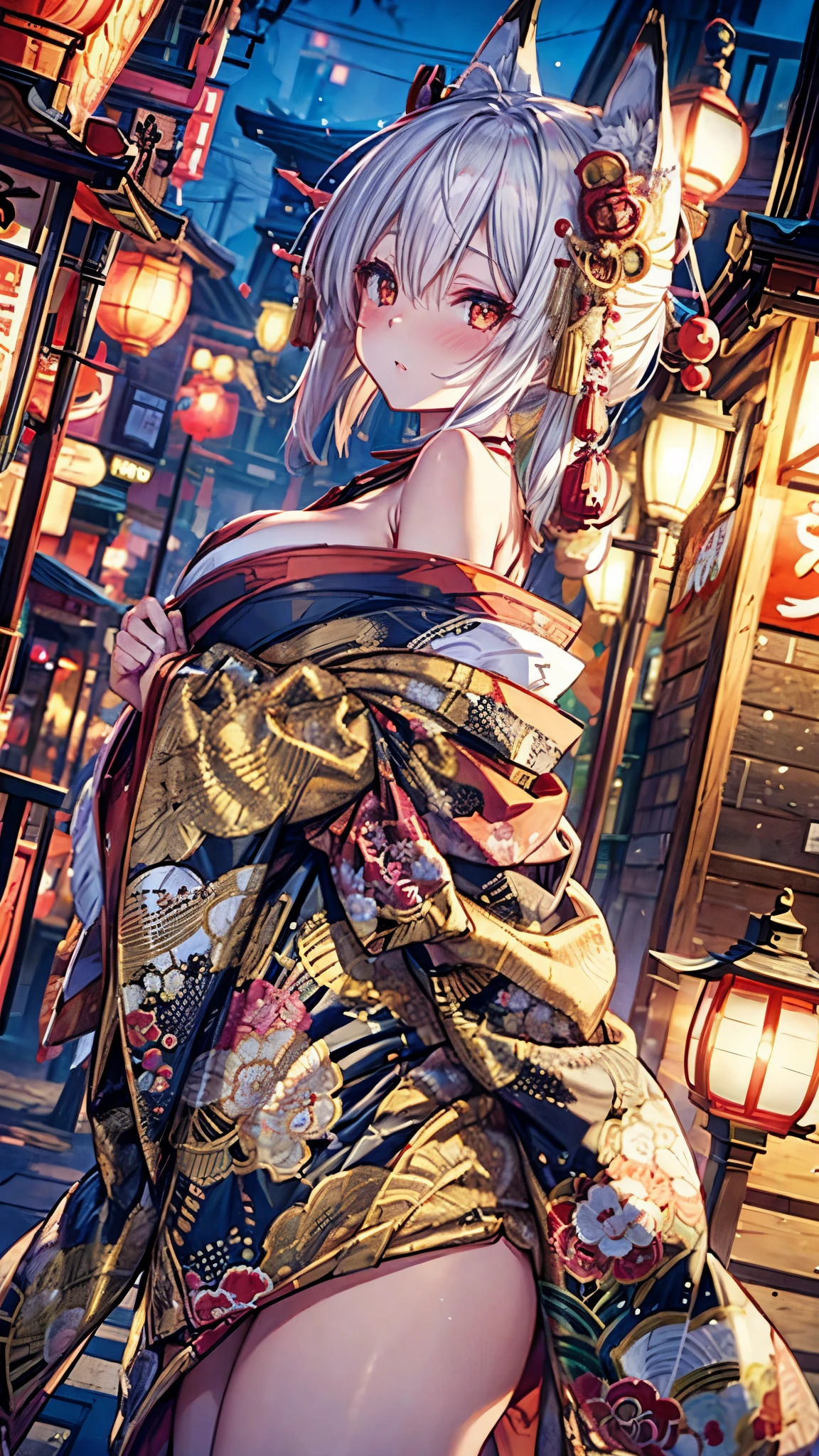 fox girl,3tail,fox ear on head,white hair,oiran,kimono,big breasts,night street,have one's shoulders exposed,blush,