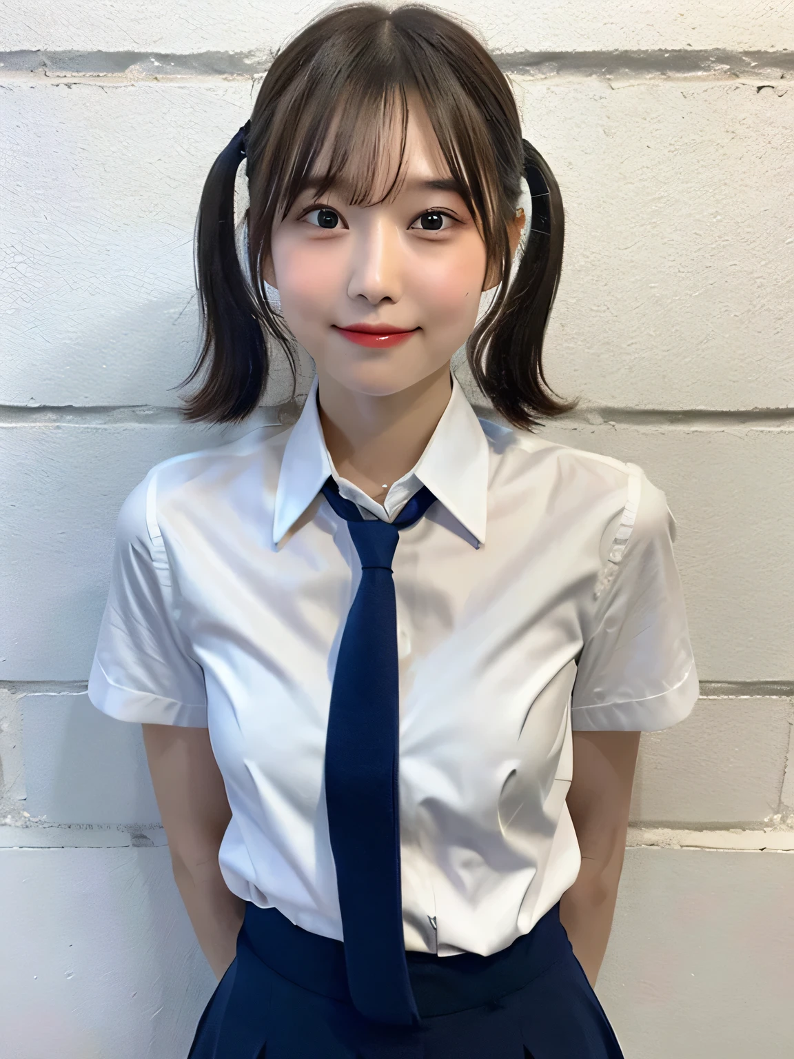 one person、、Full body photo、Twin tails、slender、woman、White drool coming out of the mouth、smile、Very short hairstyle、 Fair skin, messy hair, super cute、Soft and Face、8K resolution、Surreal、Ultra high definition、 A-cup small breasts((Highest resolution、8k、masterpiece:1.3))、Ultra-fine face、Ultra Fine Lips、Beautiful Eyes、double eyelid,Light blue wall、Navy blue tie、white shirt with open front、Red mini skirt、Thighs、thin,Thighs are visible、Shapely small breasts、