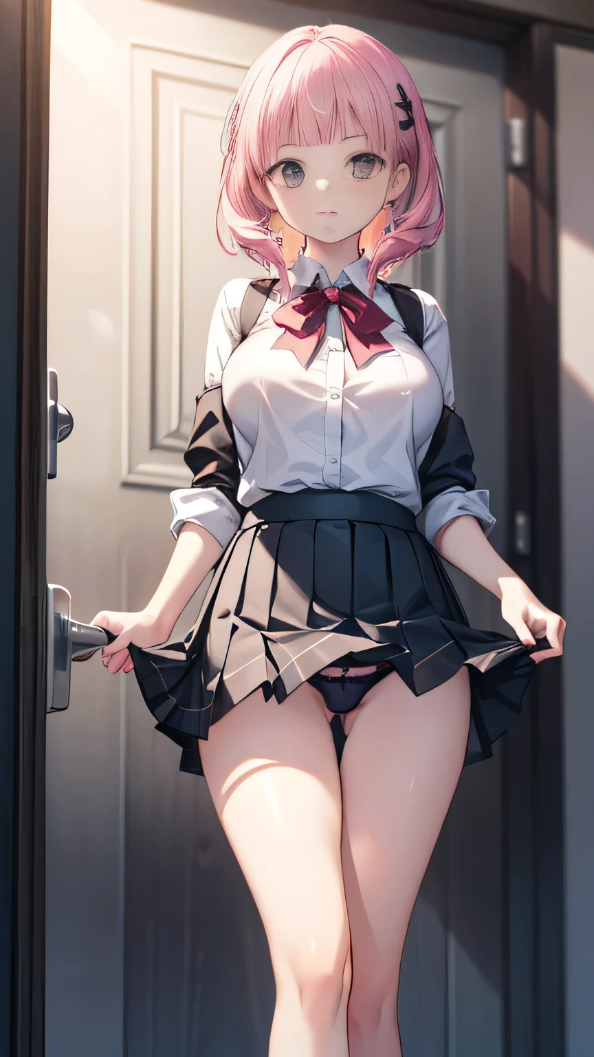(Highly detailed CG Unity 8k wallpaper),(masterpiece), (highest quality), (Super detailed), (Best illustrations),(Best Shadow), Large Breasts Pink Hair mini skirt Bold skirt lift《She lifts her skirt to show her underwear》 one piece