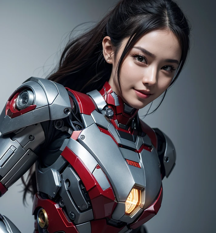 Textured skin, Super Detail, high details, High quality, Best Quality, hight resolution, 1080p, hard disk, Beautiful,(Iron Girl),Beautiful Smile,beautiful cyborg woman,Mecha Cyborg Girl,Battle Mode,Girl with a Mecha Body,She wears an Iron Man mech,A powerful cyborg woman, sleek and futuristic, with advanced mechanical augmentations that enhance her strength and capabilities