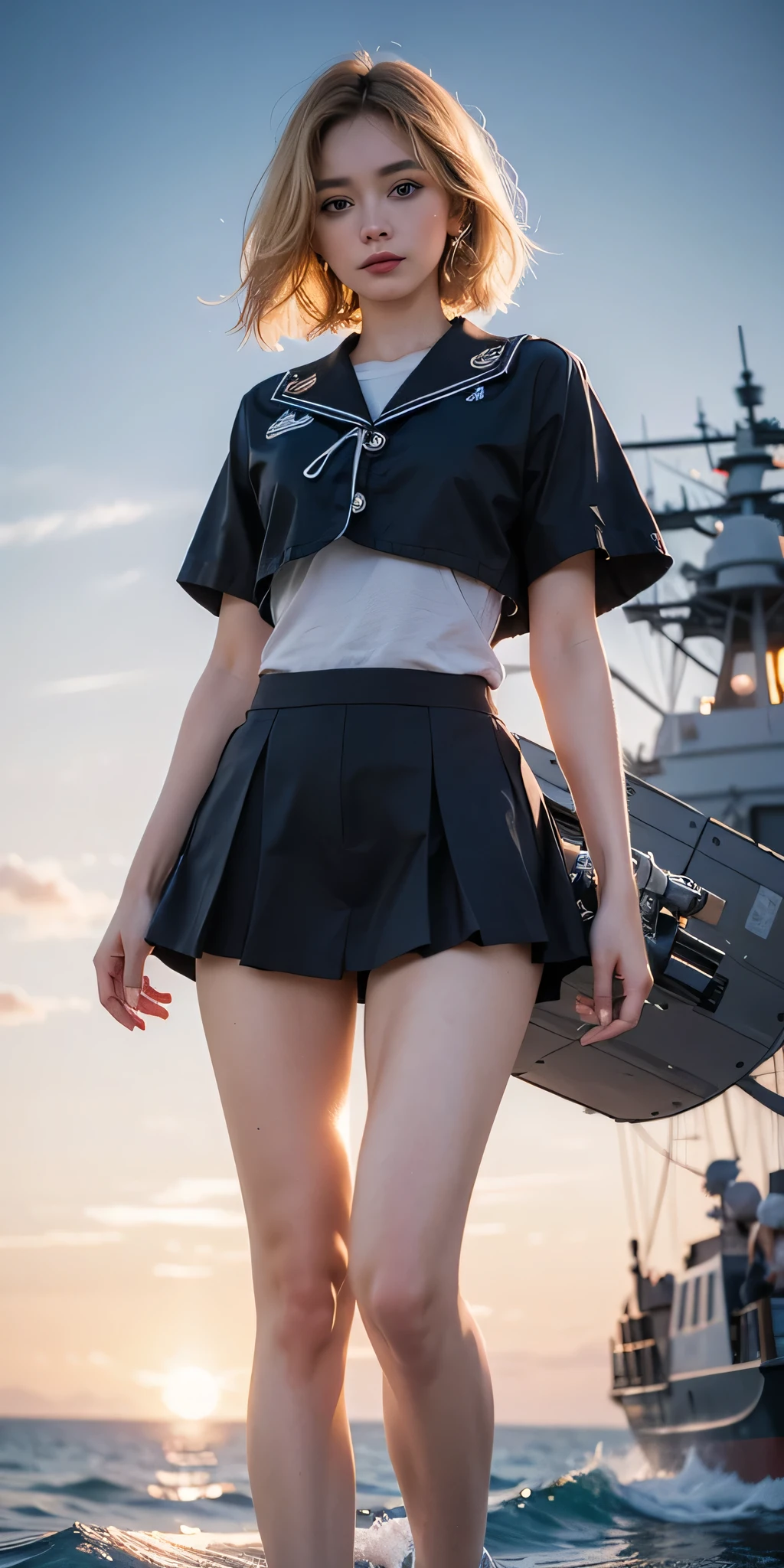 {{masterpiece, best quality, extremely detailed CG, unity 8k wallpaper, cinematic lighting, }}, Sony α7, wide frame, South Pacific, during war with Asian powers, wind blowing on Aegis ship, 1 Girl, Full Body, smile, she is a US Navy sailor, Caucasian, 20 Years Old, Smile, Blonde Hair, Short Bob, blue eyes , long eyelashes ,