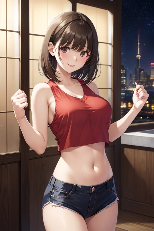 Wall background,(Intense dance motion:1.3),(Big movement with outstretched hands:1.3),(Movements that emphasize the chest:1.7),
Add a motion blur effect to simulate motion,off shoulders,The navel reveals the appearance, Lace Loose Sweater,Dabo Dabo Cargo Pants,Costumes disturbed by dance movements,disheveled hair,Glossy light brown and orange striped short-cut hair,(A smile that makes people happy:1.3),large full breasts,(in 8K, Raw photo, Best Quality, masutepiece),Studio Lighting,Cinematic lighting,(Realistic, Photorealsitic),Digital SLR,Looking at the camera,Beautiful hands,Beautiful fingers,Detailed finger features,detailed clothes features,Detailed hair features,detailed facial features,