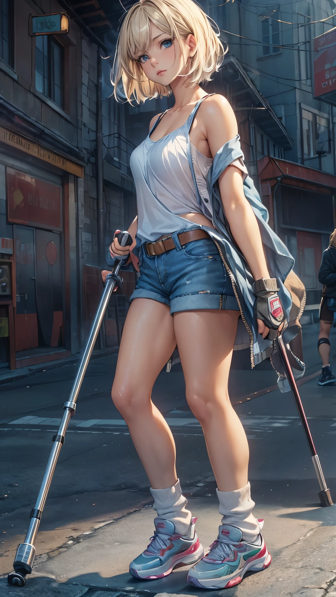 (Super detailed, realistic), streets scene, [Moderately:Oil], [Professional:1.1], [Physically based rendering], [bright colors], [sharp focus], [studio lighting], [extreme details], [highest quality,4k,8K,High resolution,masterpiece:1.2],(detailed face),outside the streets,((One 18-year-old woman)),(short blonde hair mixed  blue color),(dark), [nervous eyes],(casual ladies fashion,off shoulder,denim shorts,fishnet pantyhose,socks,snikers),(gloves,knee pads),((she walks on crutches,the crutches’s length are from armpit,the crutches are putting on her side))