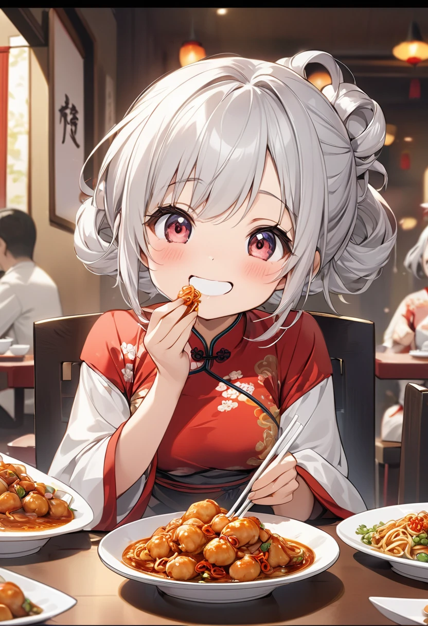 Cute anime style portrait,A cute girl eating a lot of Chinese food and burping,Chinese style hairstyle with silver hair, wearing a cute white and red Chinese dress.My stomach is swollen,A Chinese restaurant with a pop impression,a lot on the table Dishes left after cooking are piled high.
sit in a chair with one hand Holding chopsticks and smiling with a sense of superiority,My stomach swells a little、Cute face, cute appearance, comical drawings,High quality, high definition images,4k, 8k,image 