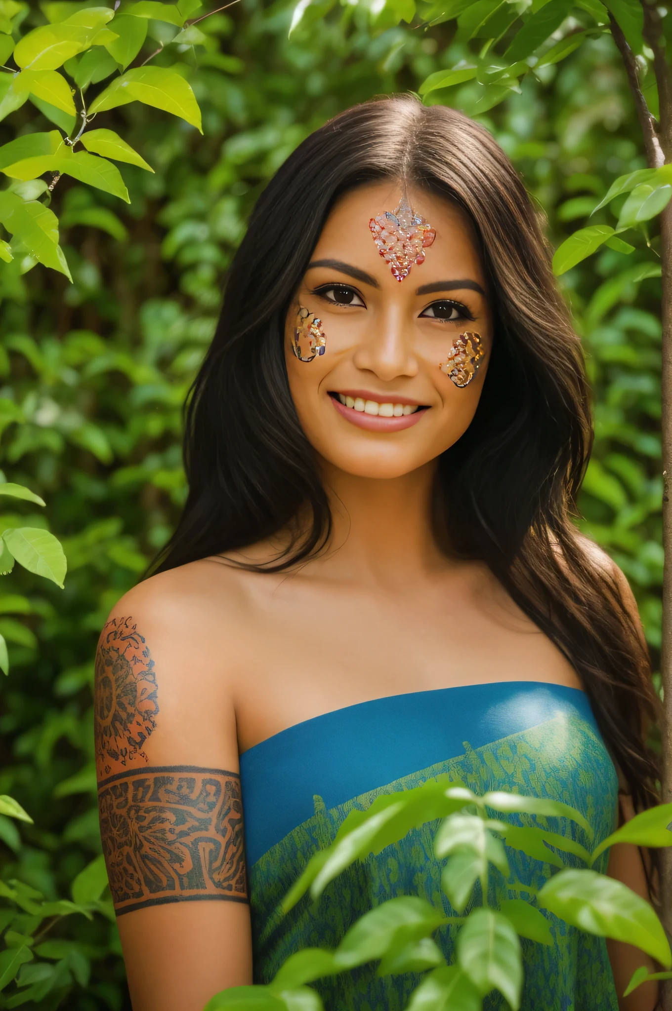 beautiful Brazilian native woman, detailed facial features, warm smile, dark hair, intricate tribal tattoos, wearing colorful traditional clothing, standing in lush jungle environment, sunlight filtering through the leaves, (best quality,4k,8k,highres,masterpiece:1.2),ultra-detailed,(realistic,photorealistic,photo-realistic:1.37),vibrant colors,natural lighting,environmental portrait