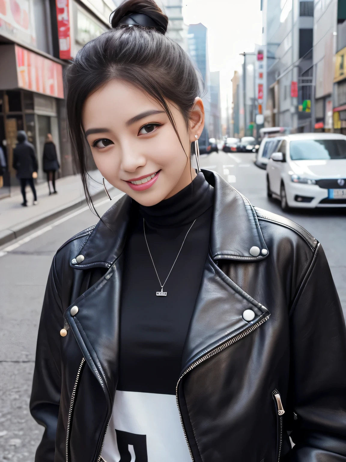 Ultra-high resolution, Superior Quality, highest quality, Very detailed, Realistic, 8k, RAW Photos, highest quality, masterpiece, Attractive girl, Awesome girl, Black Hair、Hairstyle bun、Japanese Idols, Sophisticated, stylish, leather jacket、shirt、smile、Beautiful teeth alignment、ear piercing、Necklace around the neck、The background is the city
